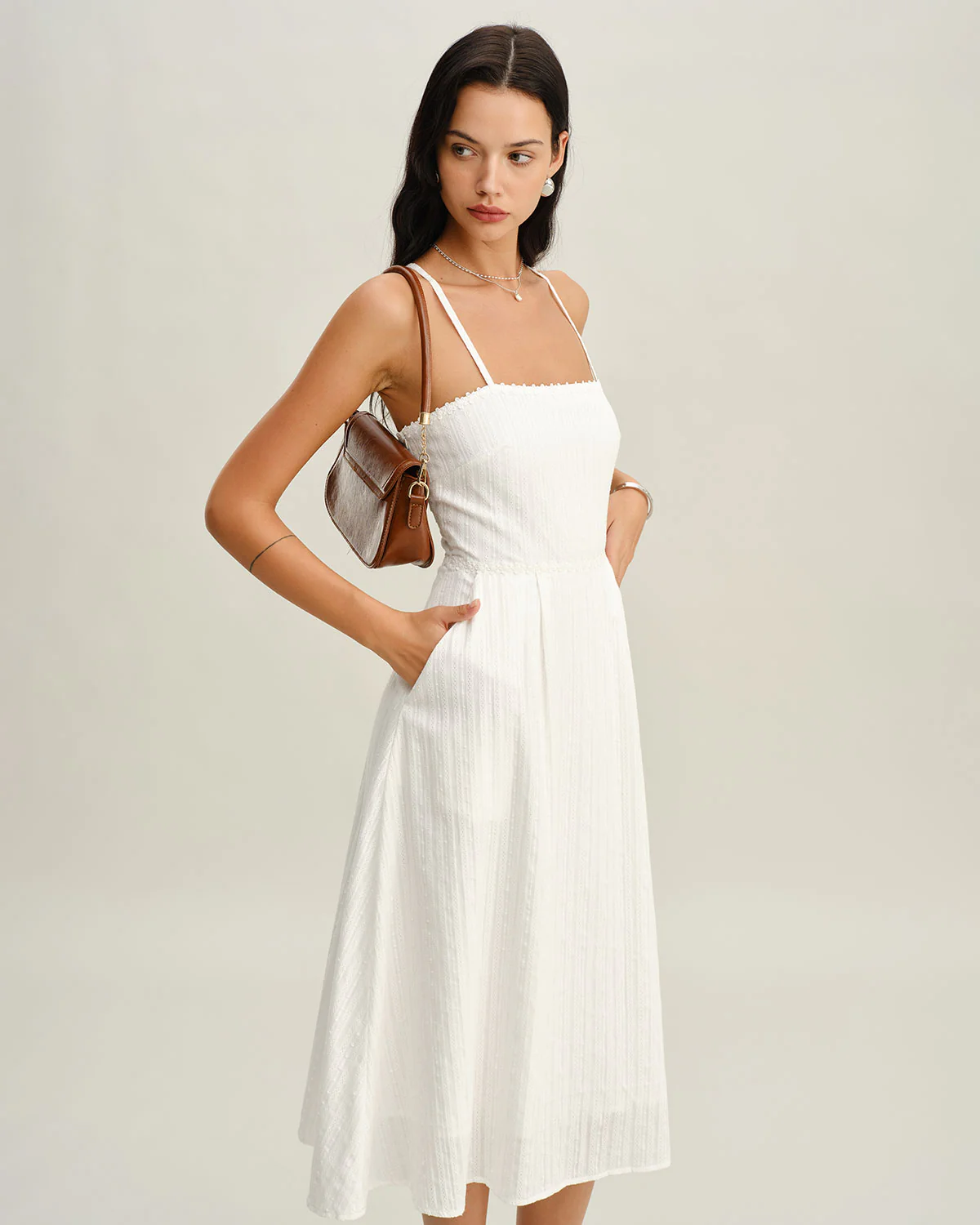 White Pocket A-Line Slip Midi Dress
