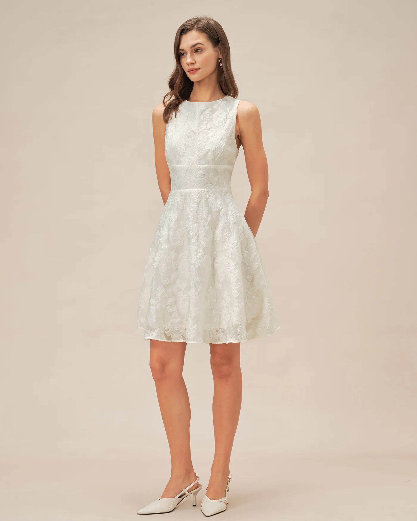 White Round Neck Jacquard Mini Dress - Image 5