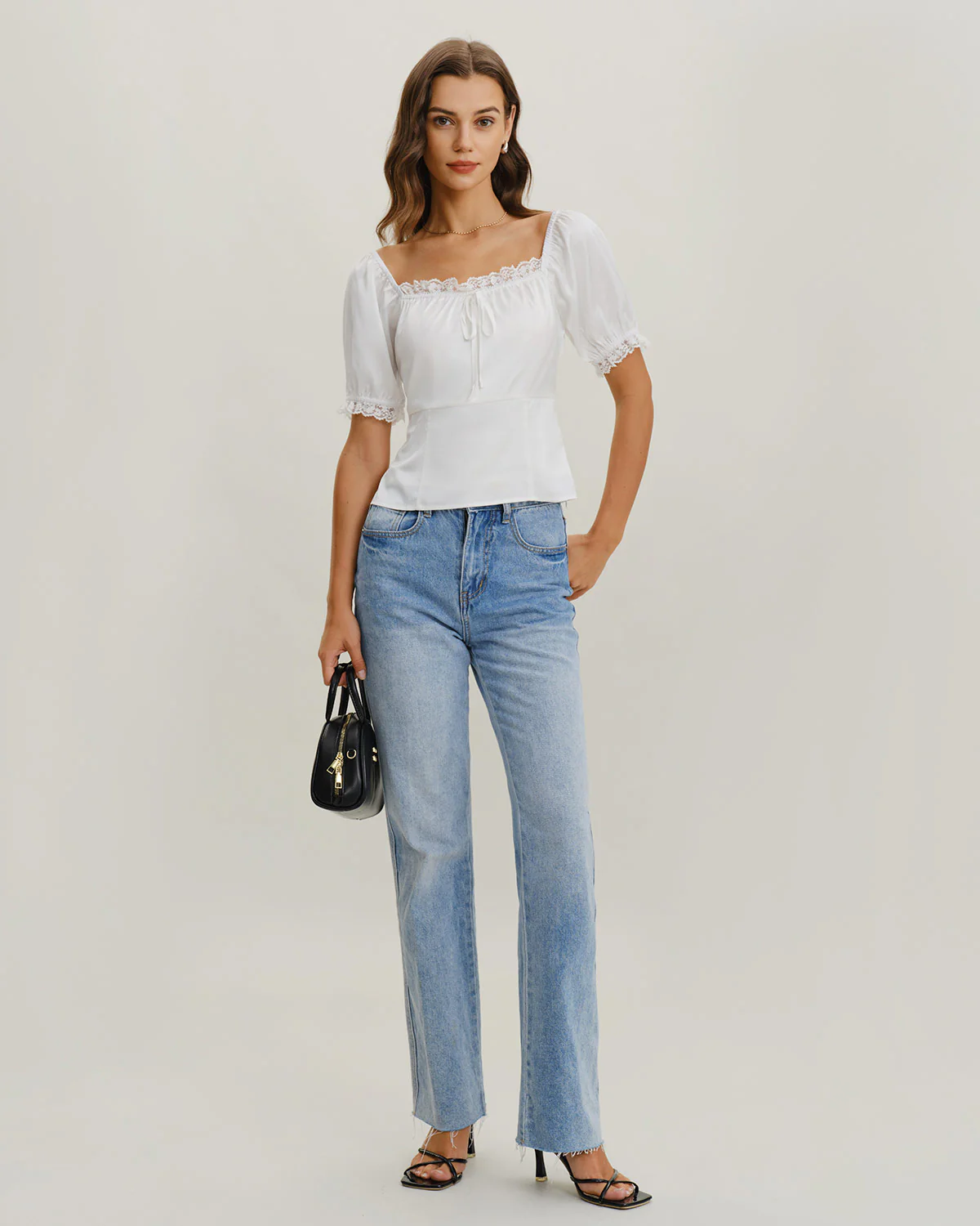 White Square Neck Lace Satin Blouse - Image 4