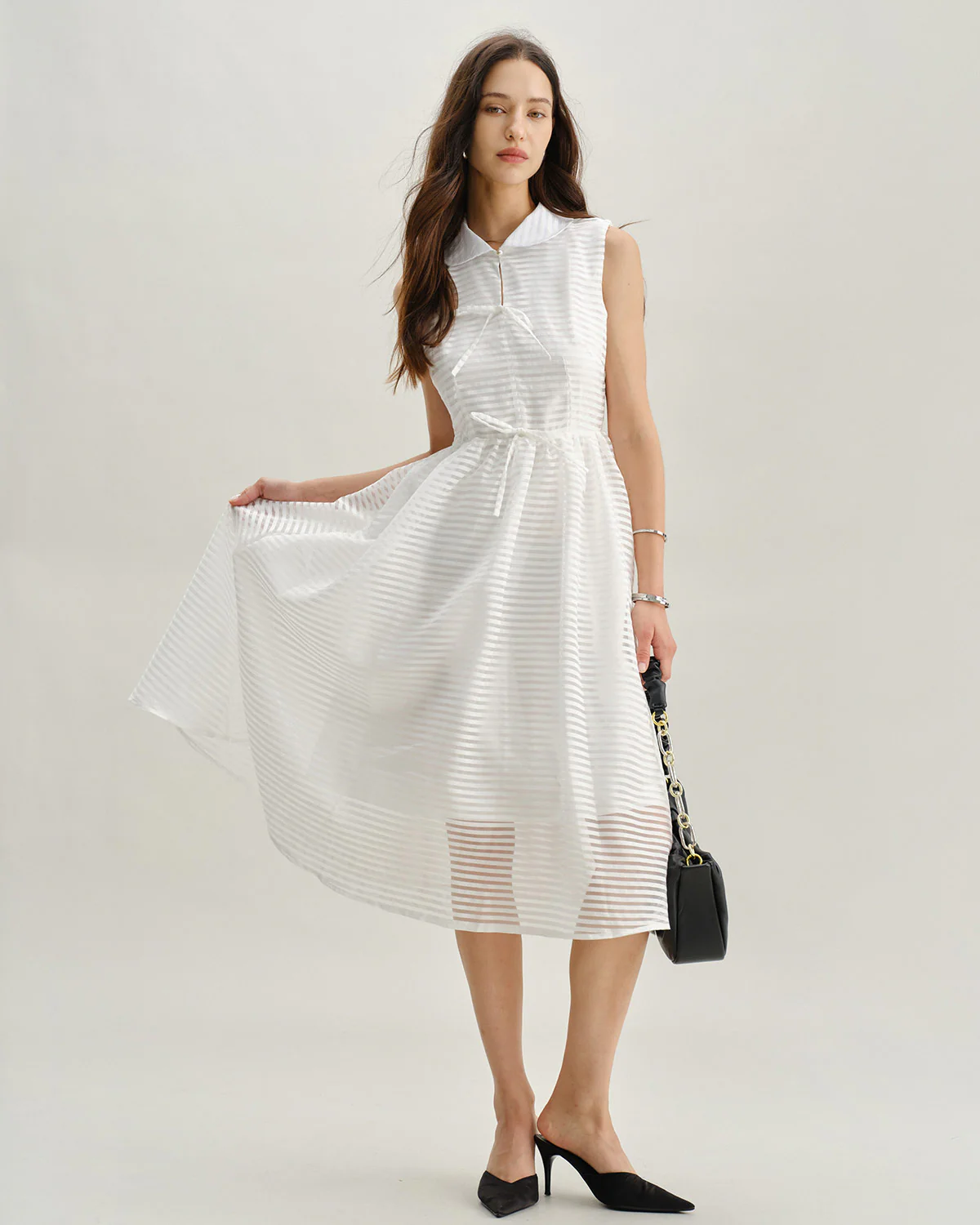 White Striped Sleeveless Midi Dress - Image 3