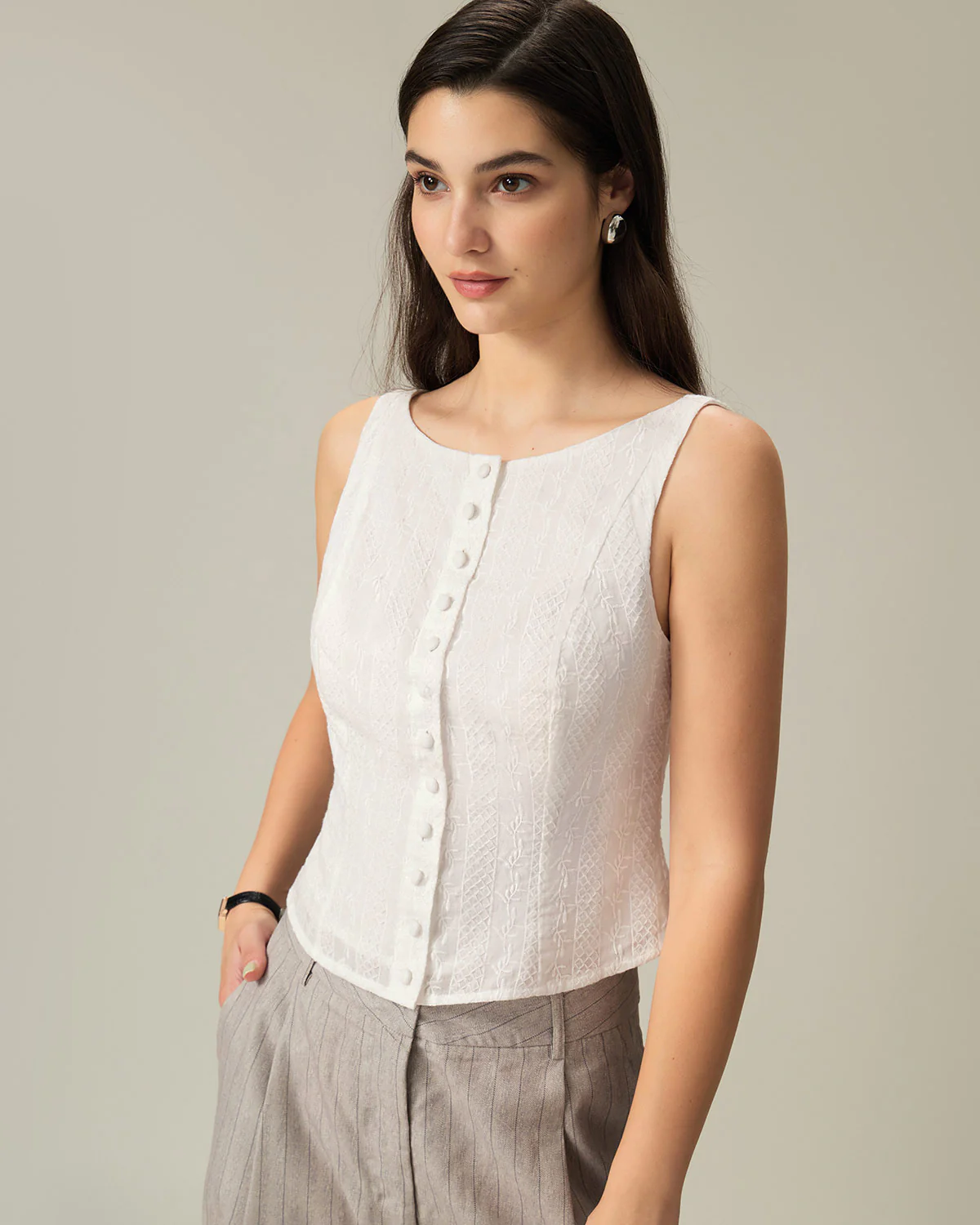 White Textured Boat Neck Button Vest - Image 3