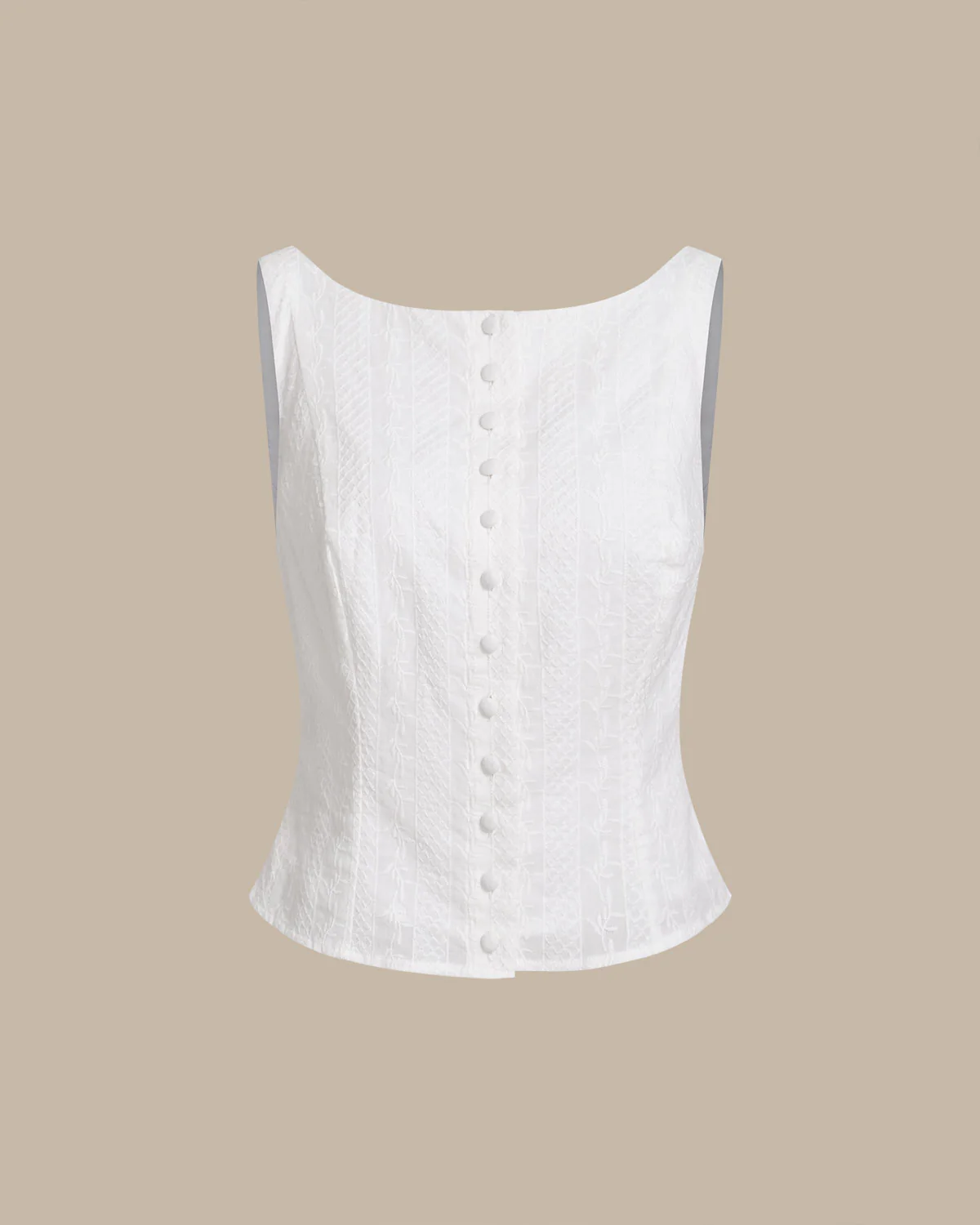 White Textured Boat Neck Button Vest - Image 6