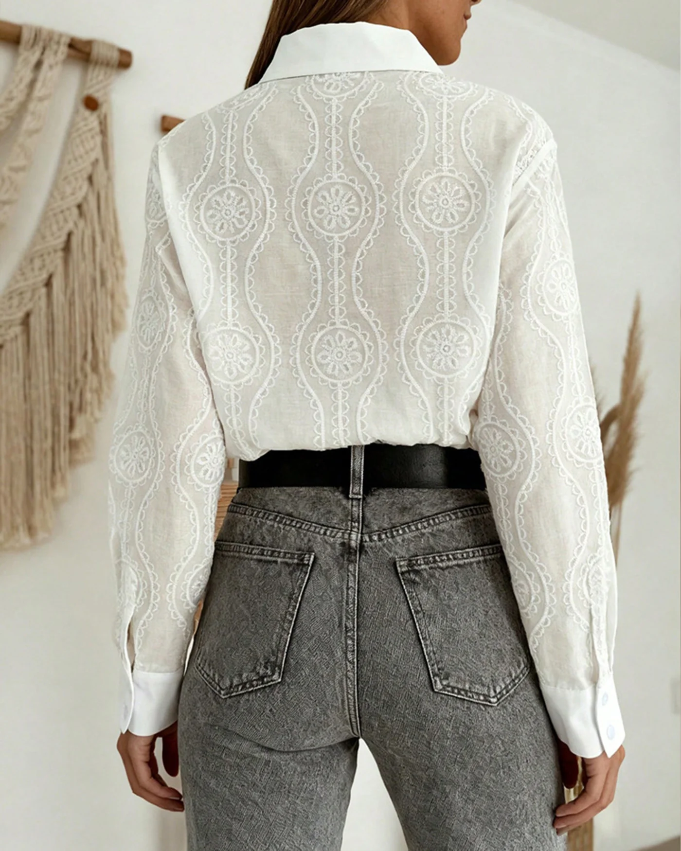 White Textured Button Collar Shirt - Image 4