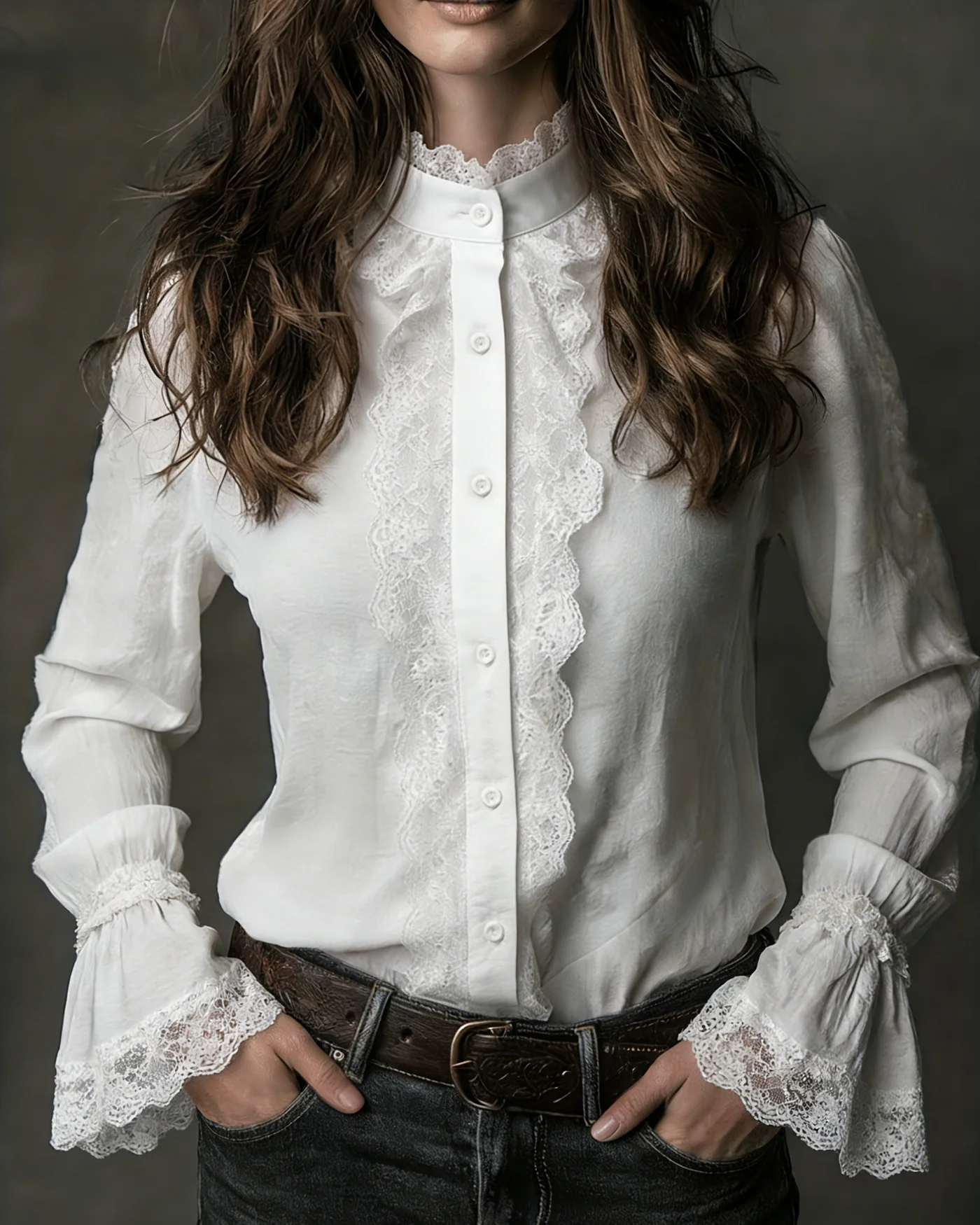 White Turtle Poet Sleeve Lace Shirt