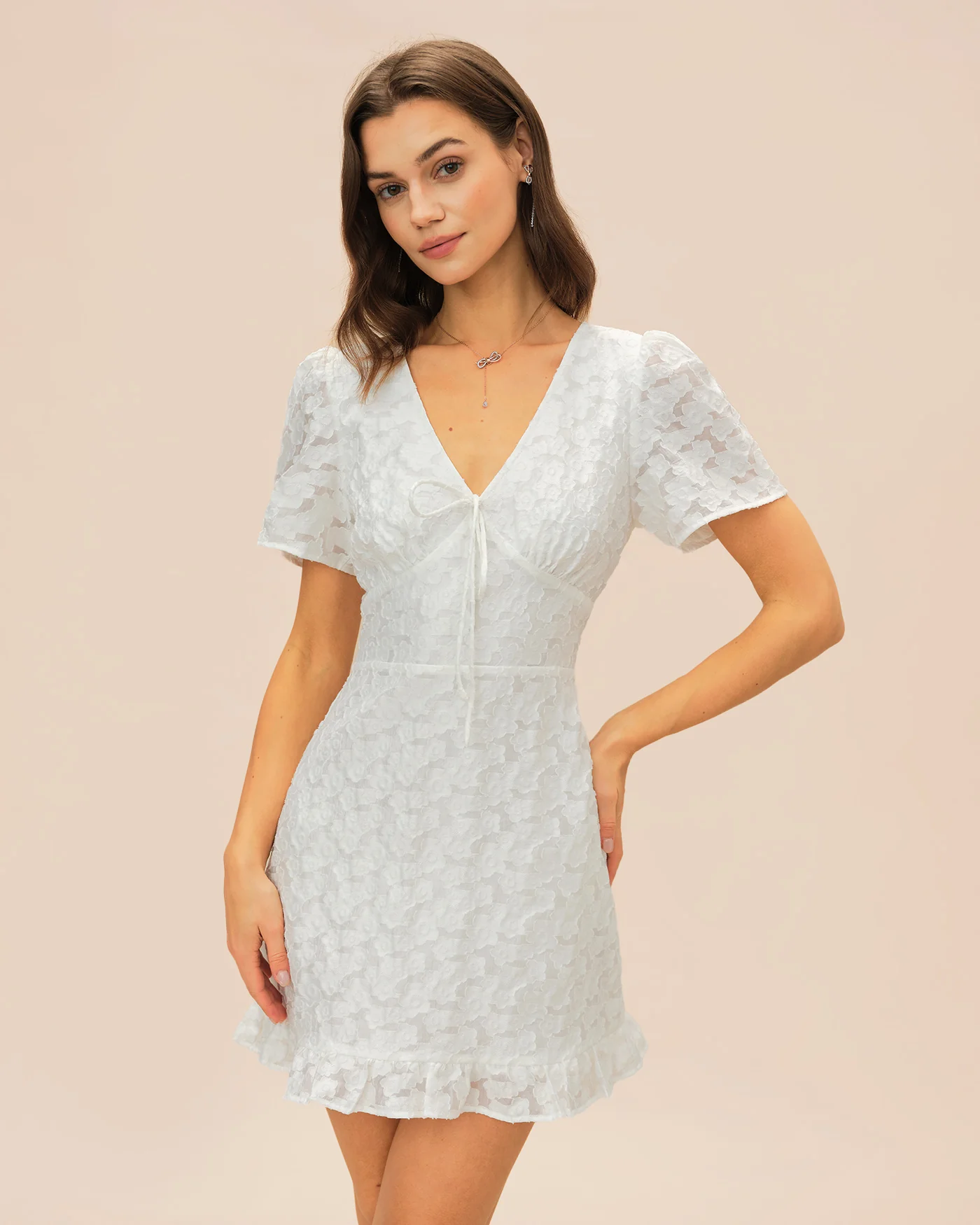 White V Neck Jacquard Mini Dress - Image 4