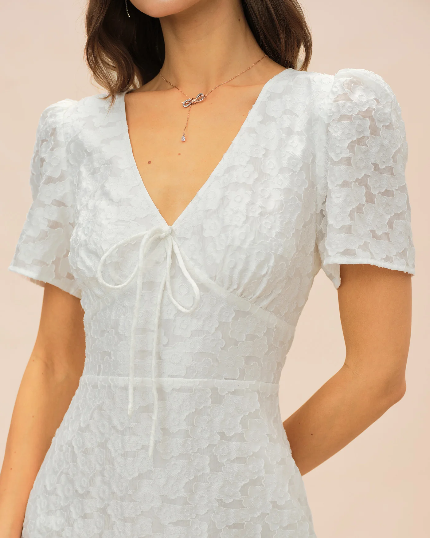 White V Neck Jacquard Mini Dress - Image 5