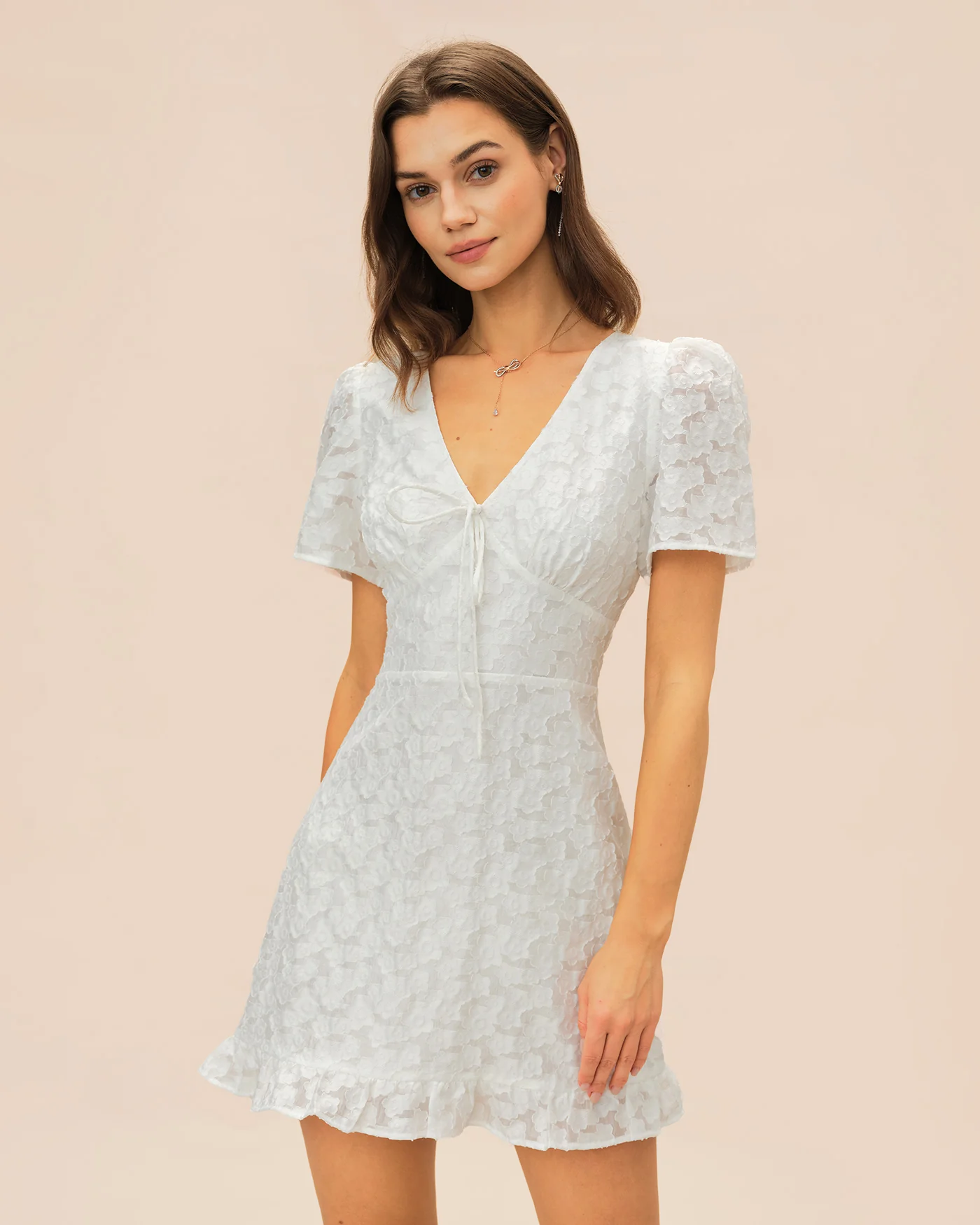 White V Neck Jacquard Mini Dress - Image 6