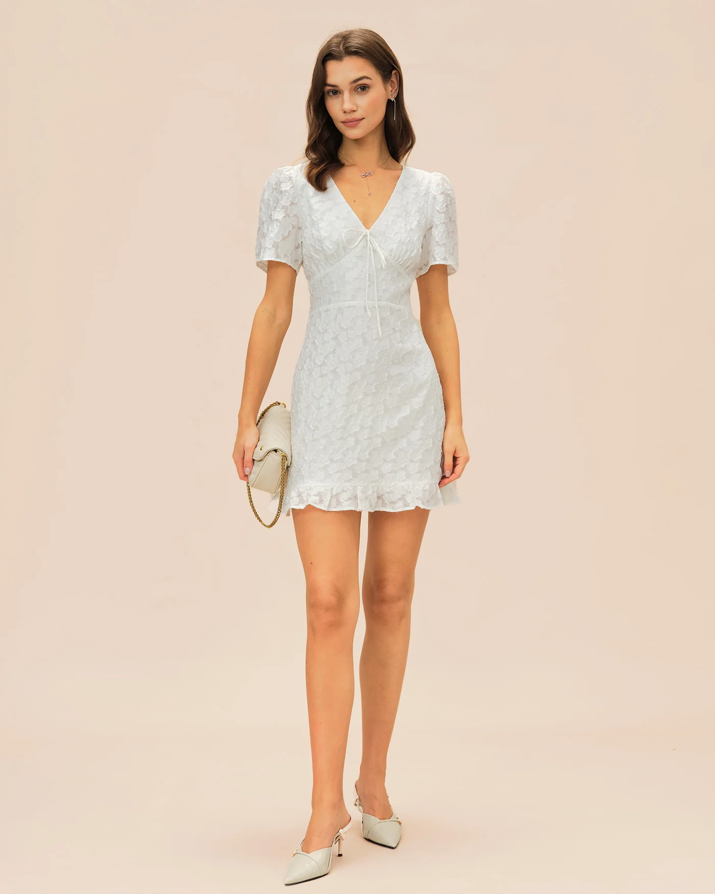 White V Neck Jacquard Mini Dress - Image 9