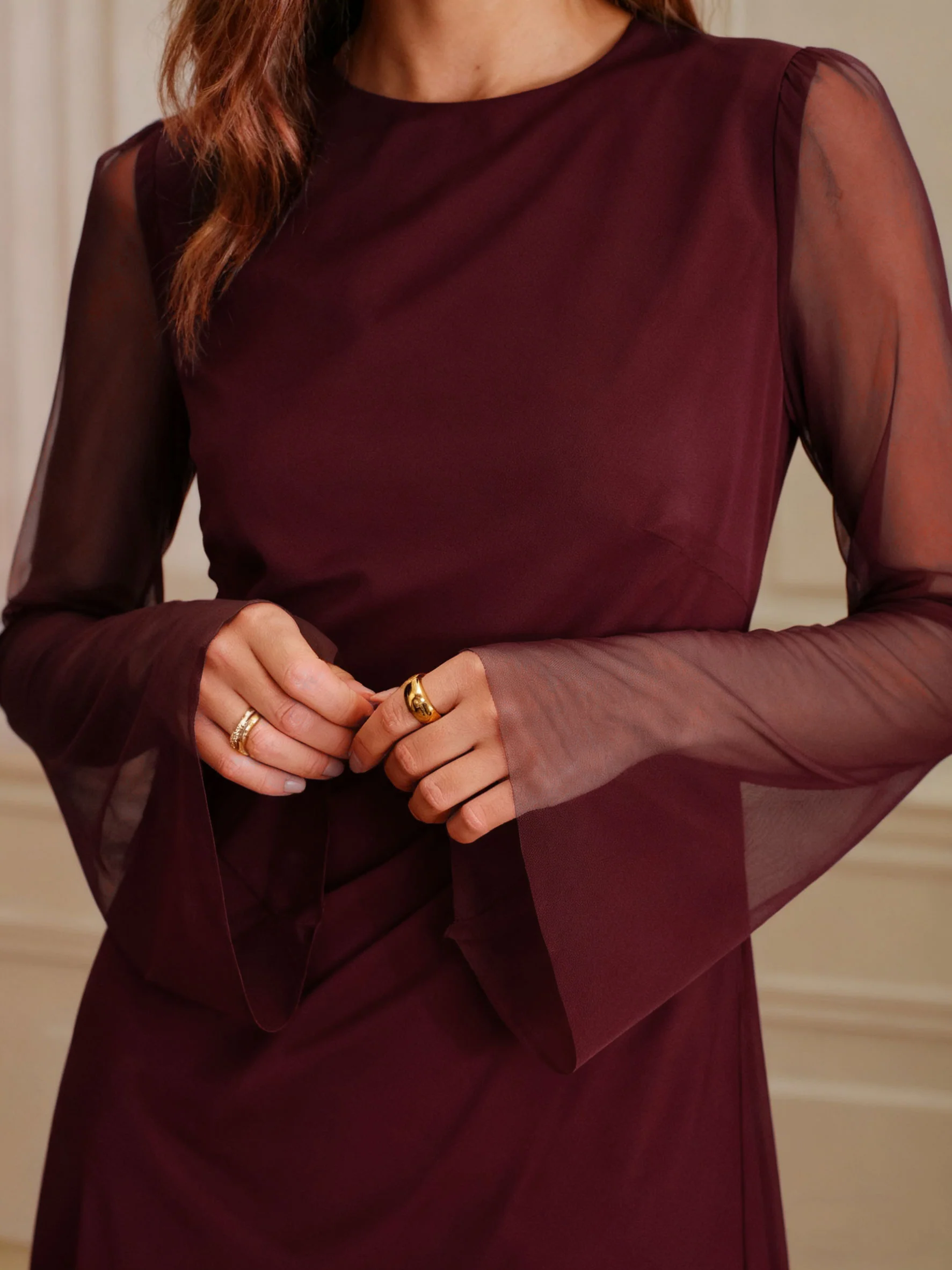 Wine Red Boat Neck Mesh Mini Dress - Image 2