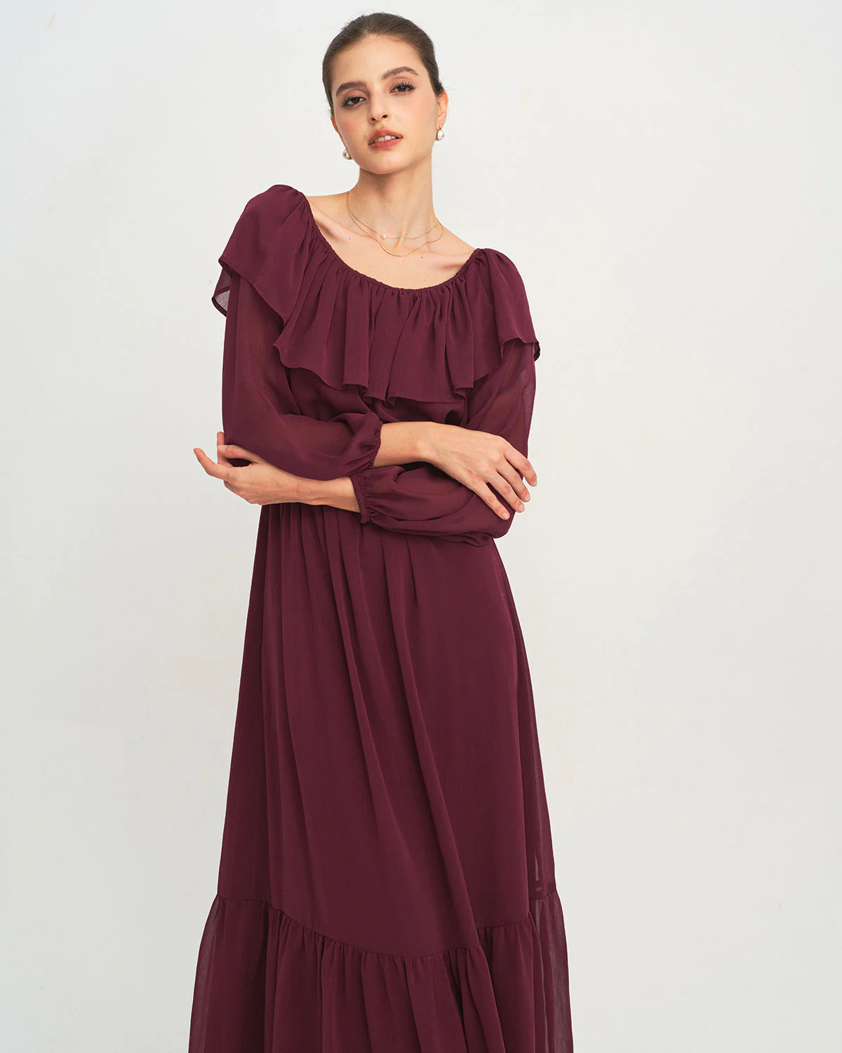 Wine Red Boat Neck Ruffle Maxi Dress - Image 2