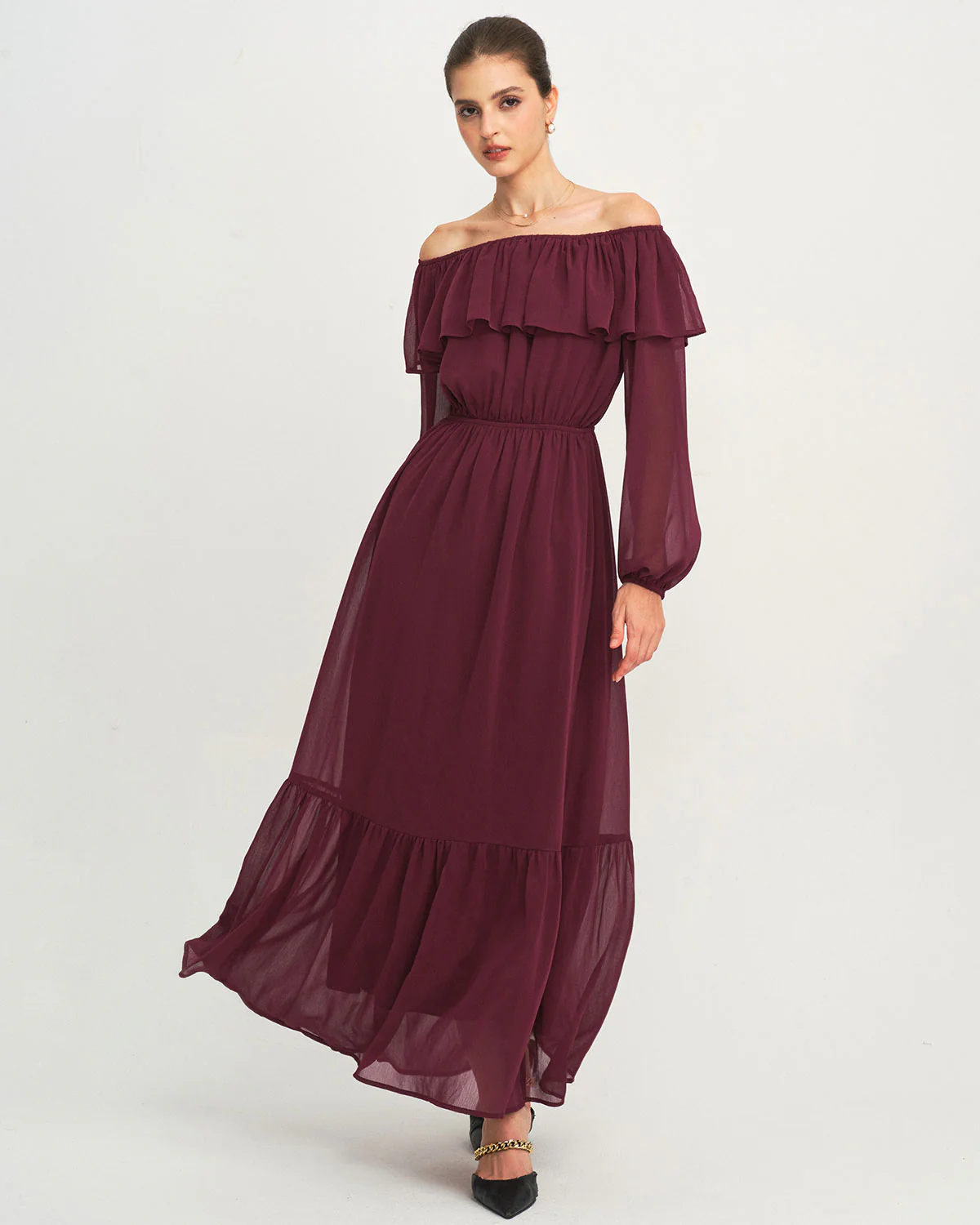 Wine Red Boat Neck Ruffle Maxi Dress - Image 3