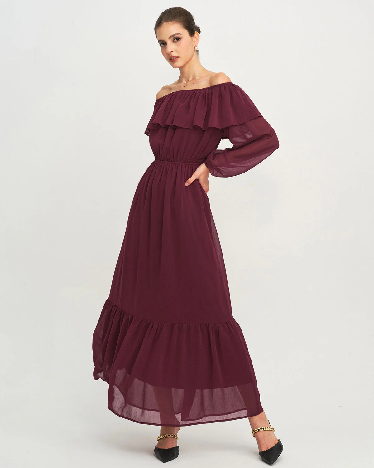 Wine Red Boat Neck Ruffle Maxi Dress - Image 4