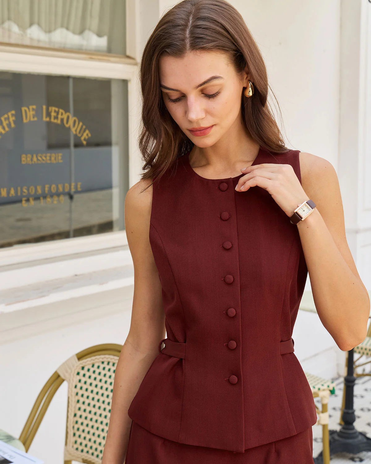 Wine Red Button Belted Vest - Image 2