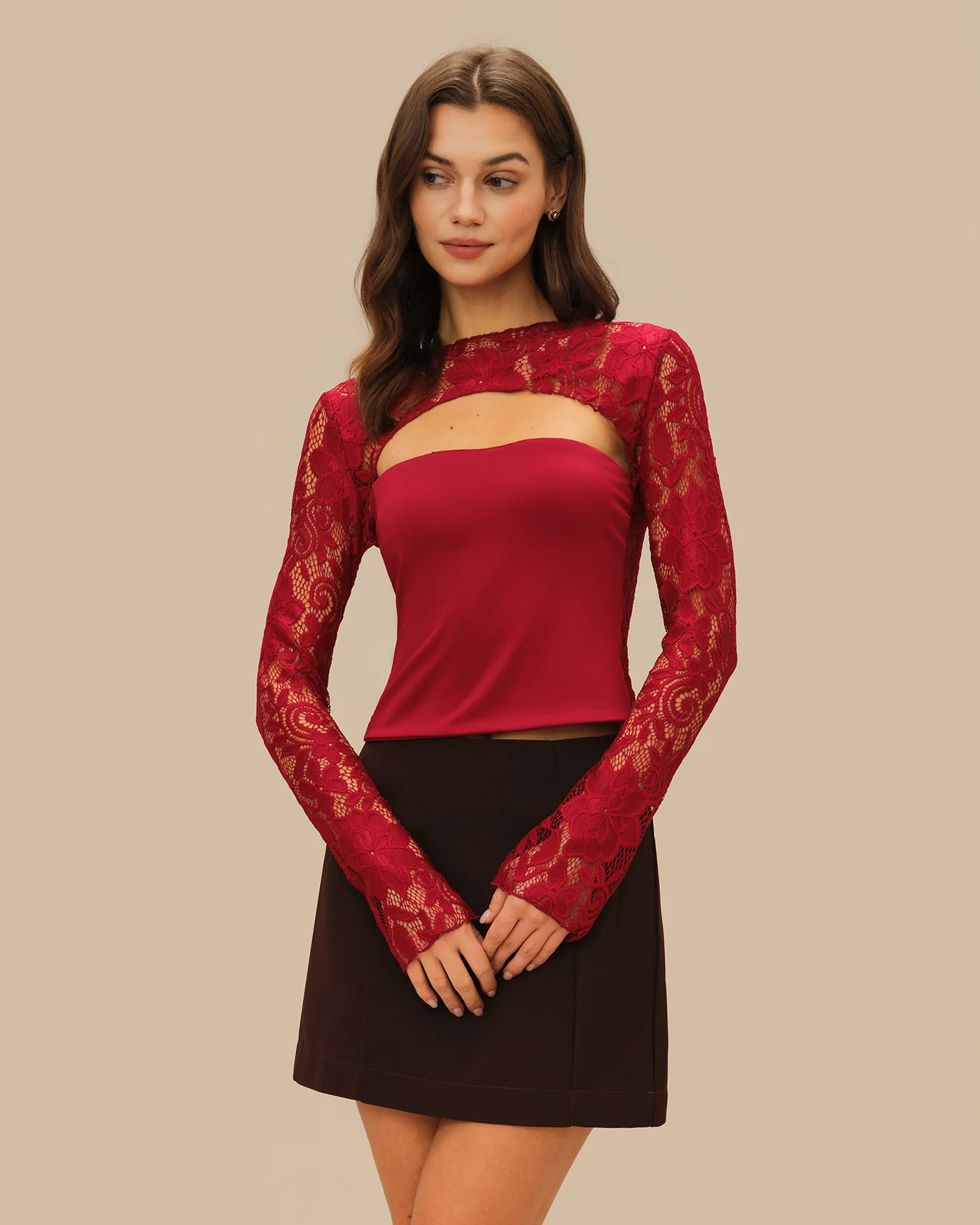 Wine Red Floral Lace Tee