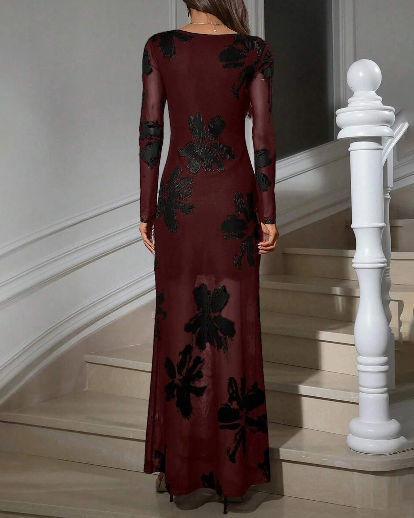 Wine Red Floral Maxi Dress - Image 3