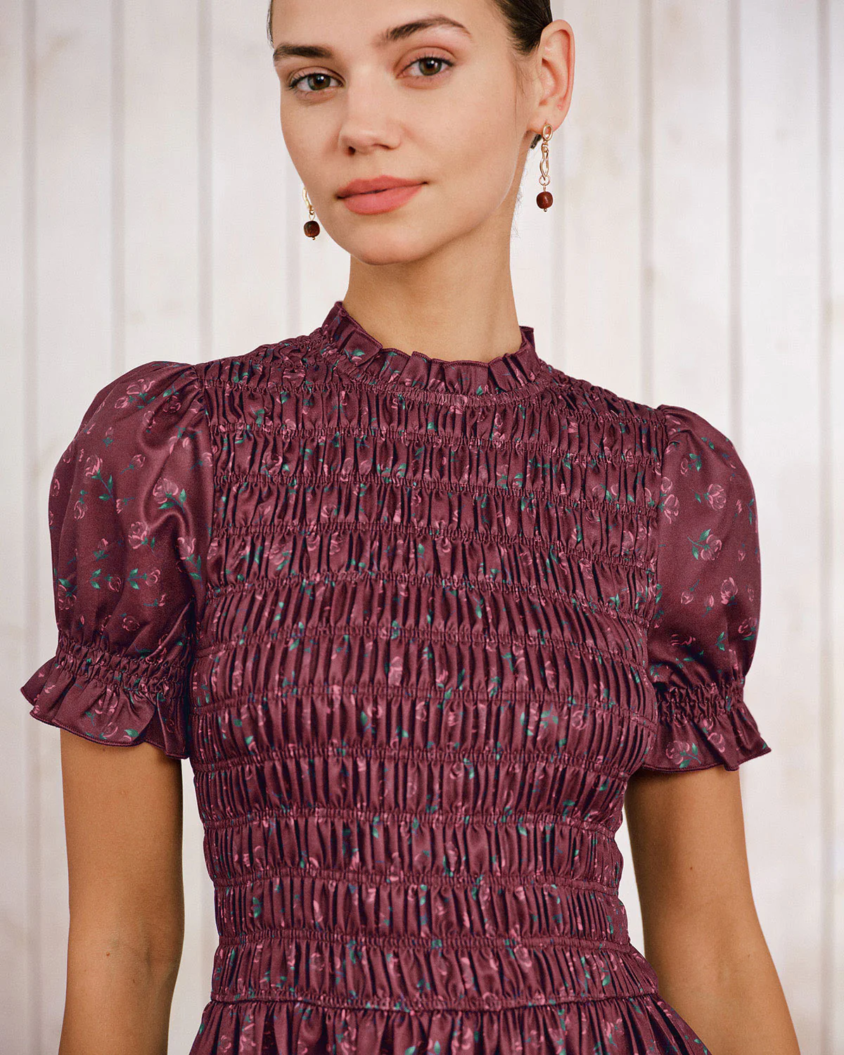 Wine Red Floral Shirred Puffed Sleeve Midi Dress - Image 2