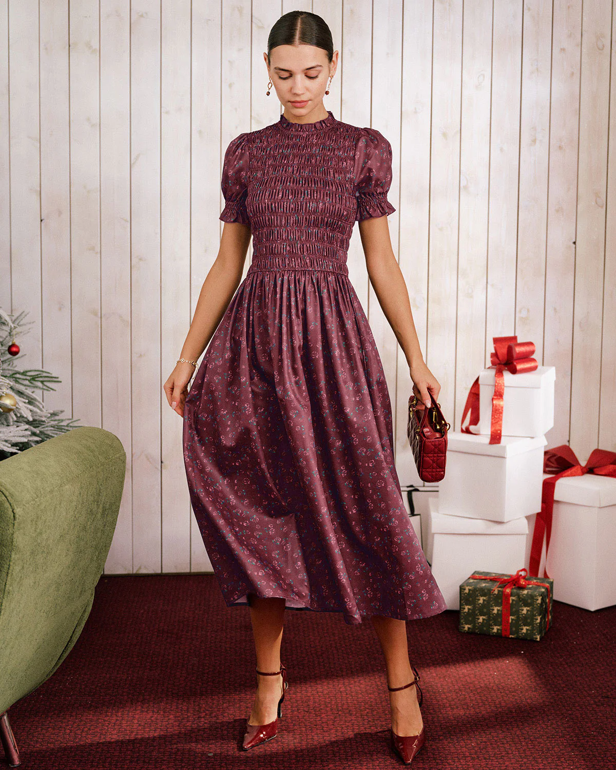 Wine Red Floral Shirred Puffed Sleeve Midi Dress - Image 3