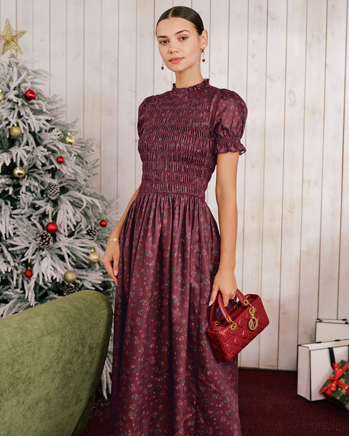 Wine Red Floral Shirred Puffed Sleeve Midi Dress - Image 4