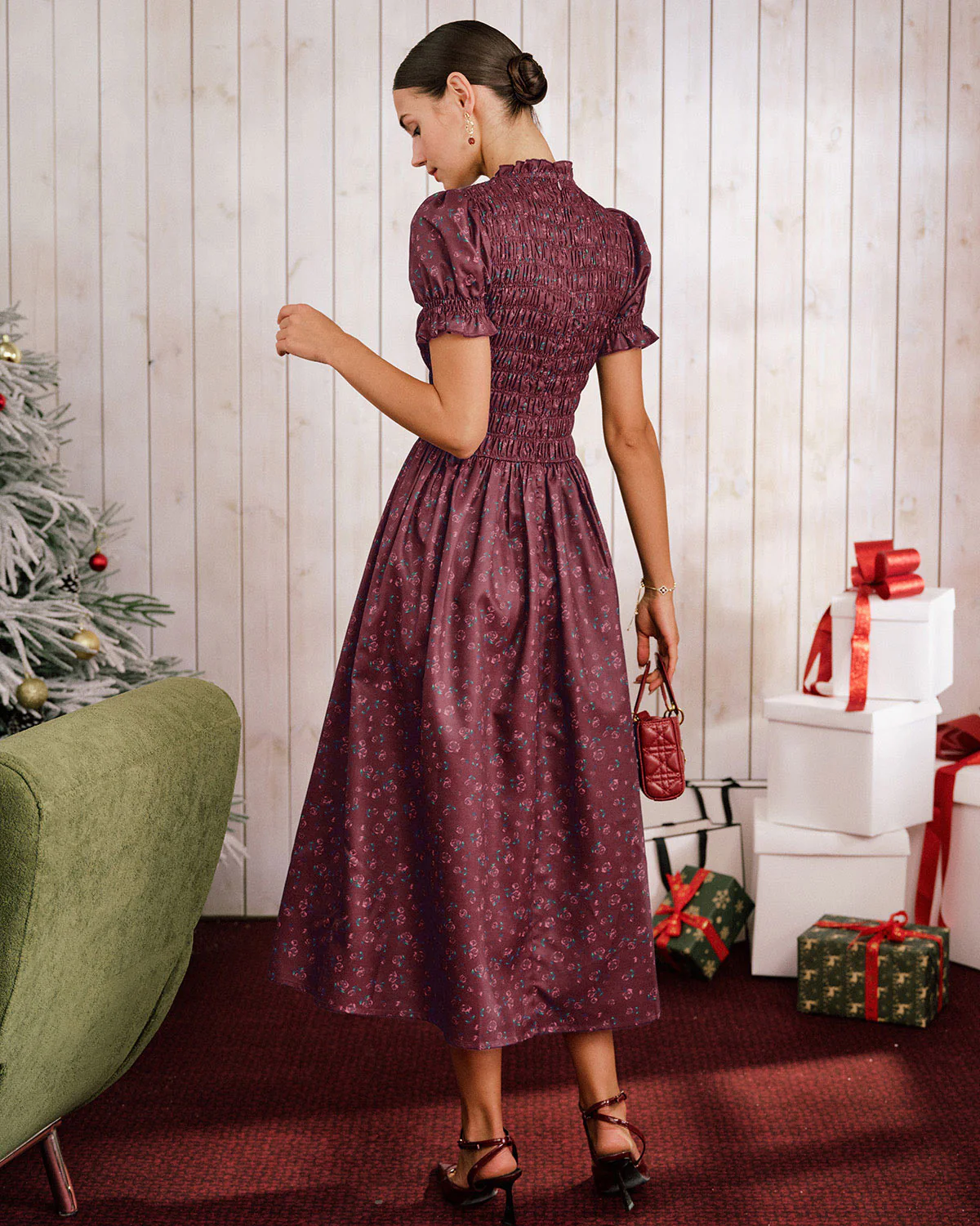 Wine Red Floral Shirred Puffed Sleeve Midi Dress - Image 5