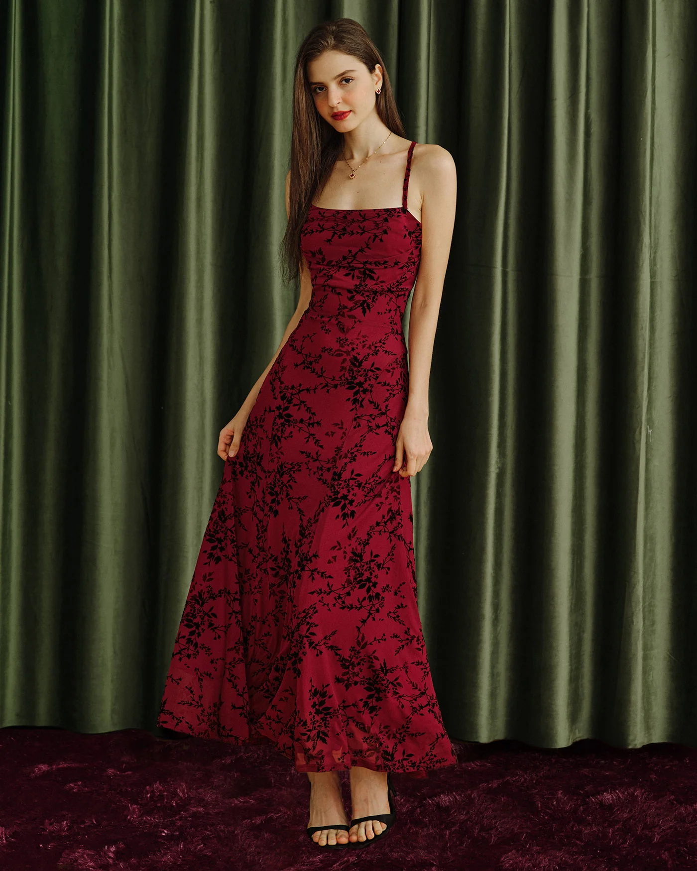 Wine Red Floral Slip Maxi Dress - Image 2