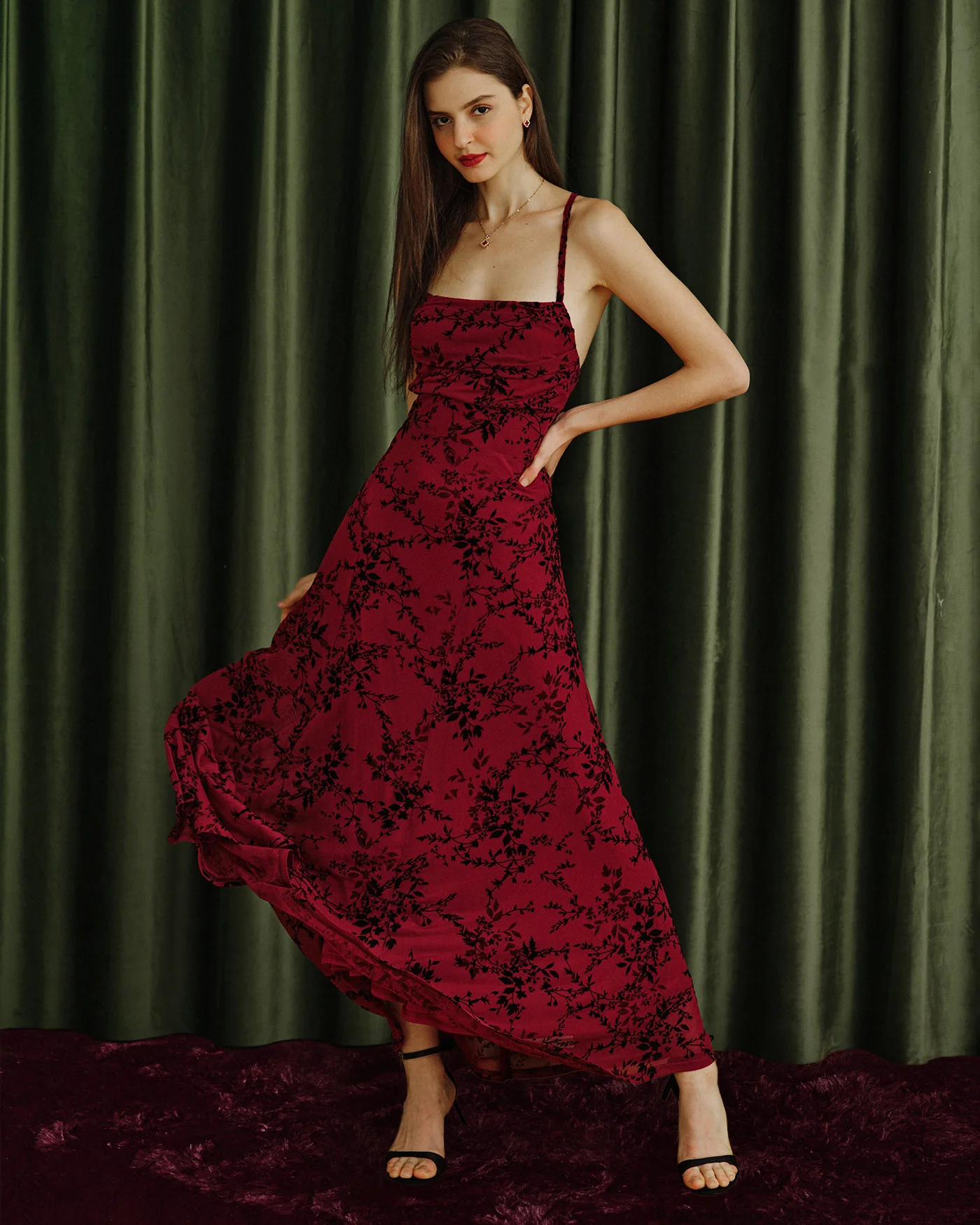 Wine Red Floral Slip Maxi Dress - Image 5