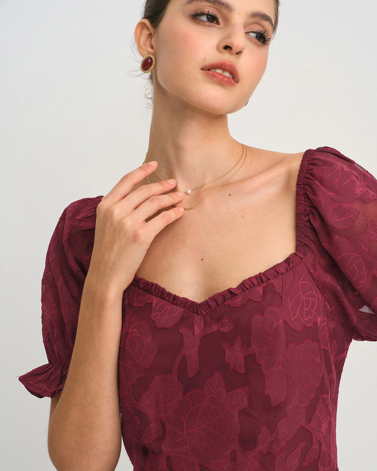 Wine Red Jacquard Slit Midi Dress - Image 2