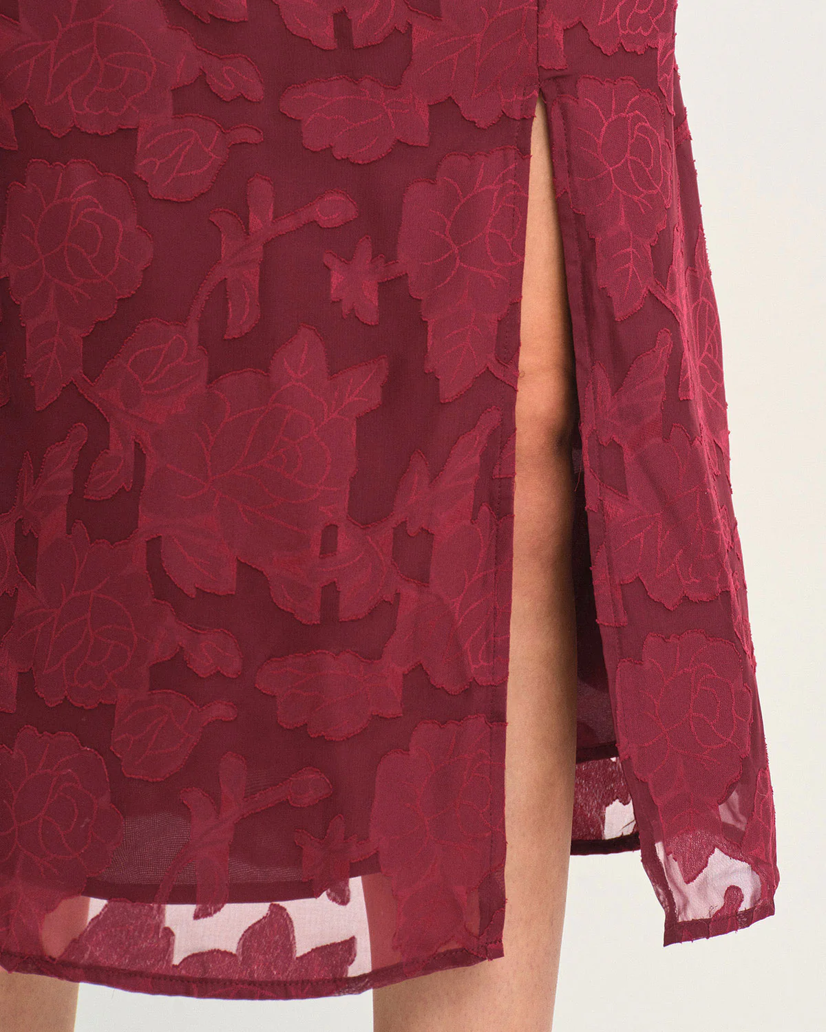 Wine Red Jacquard Slit Midi Dress - Image 3