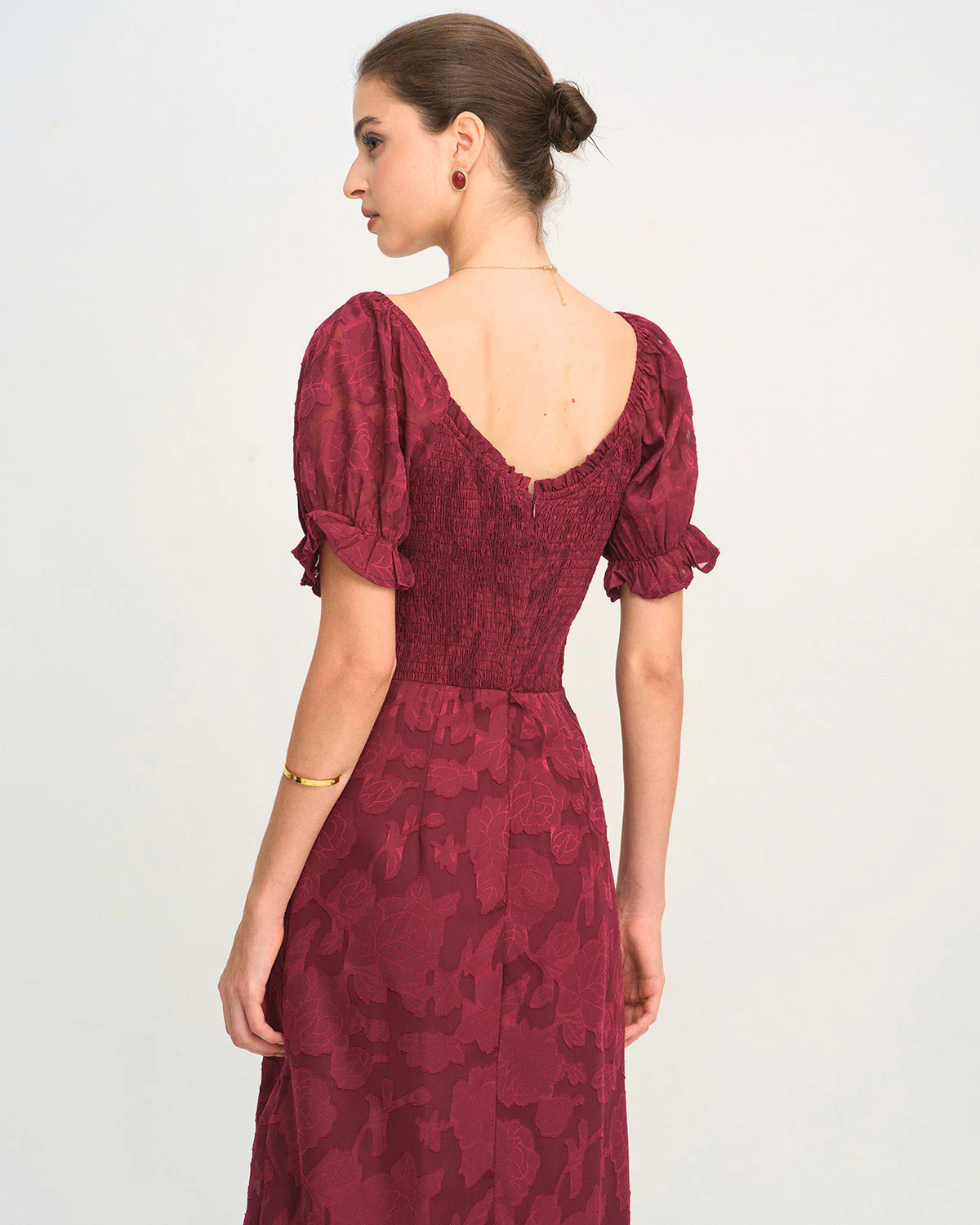 Wine Red Jacquard Slit Midi Dress - Image 4
