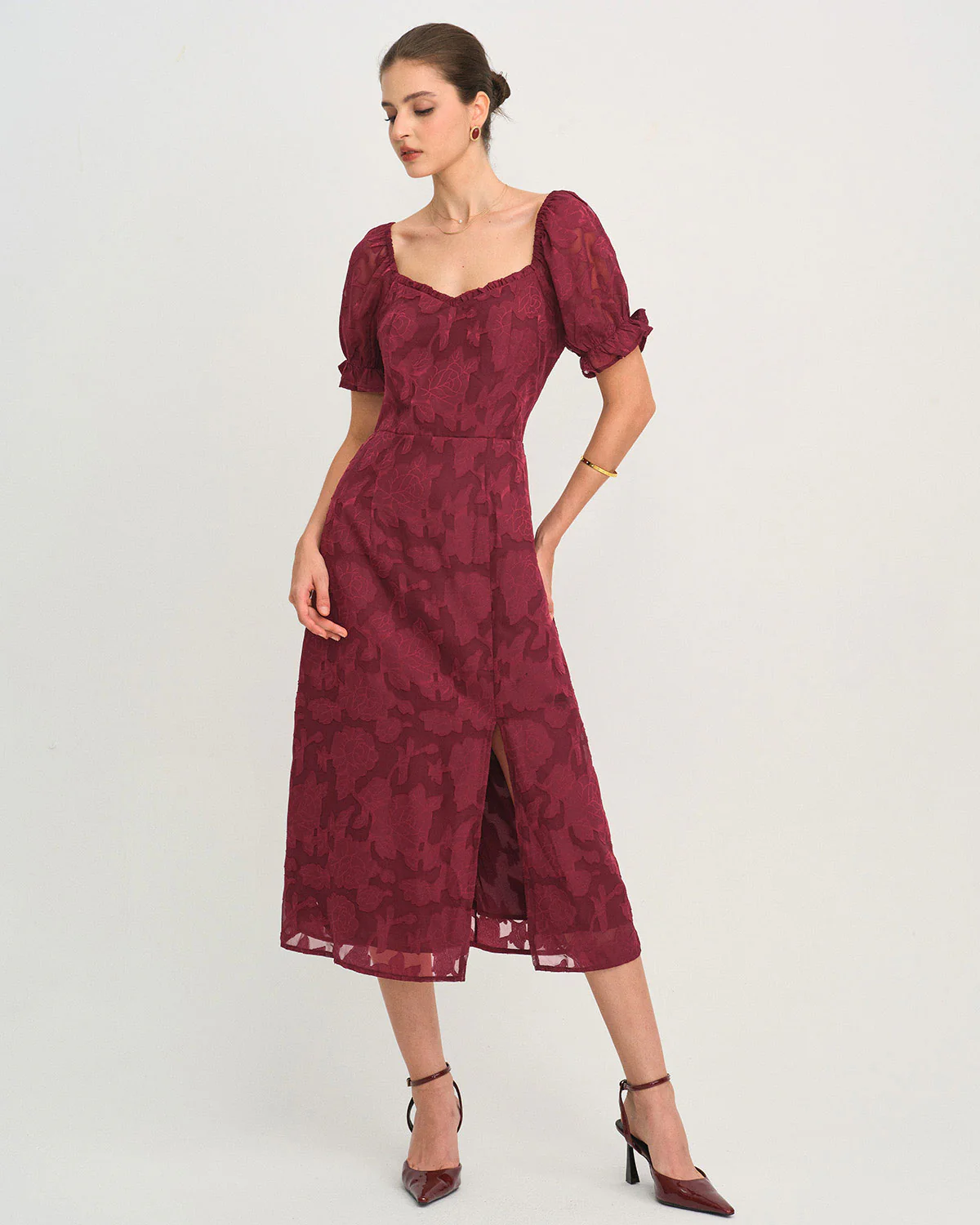 Wine Red Jacquard Slit Midi Dress - Image 5