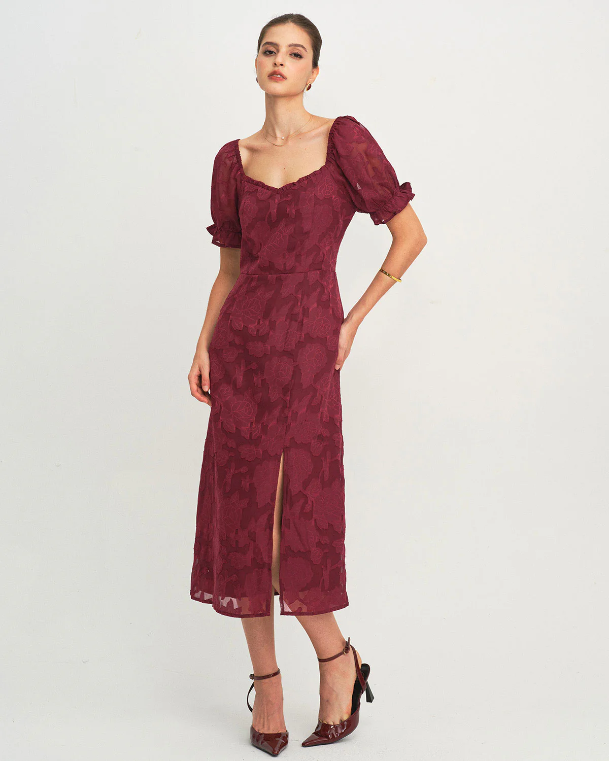 Wine Red Jacquard Slit Midi Dress - Image 6