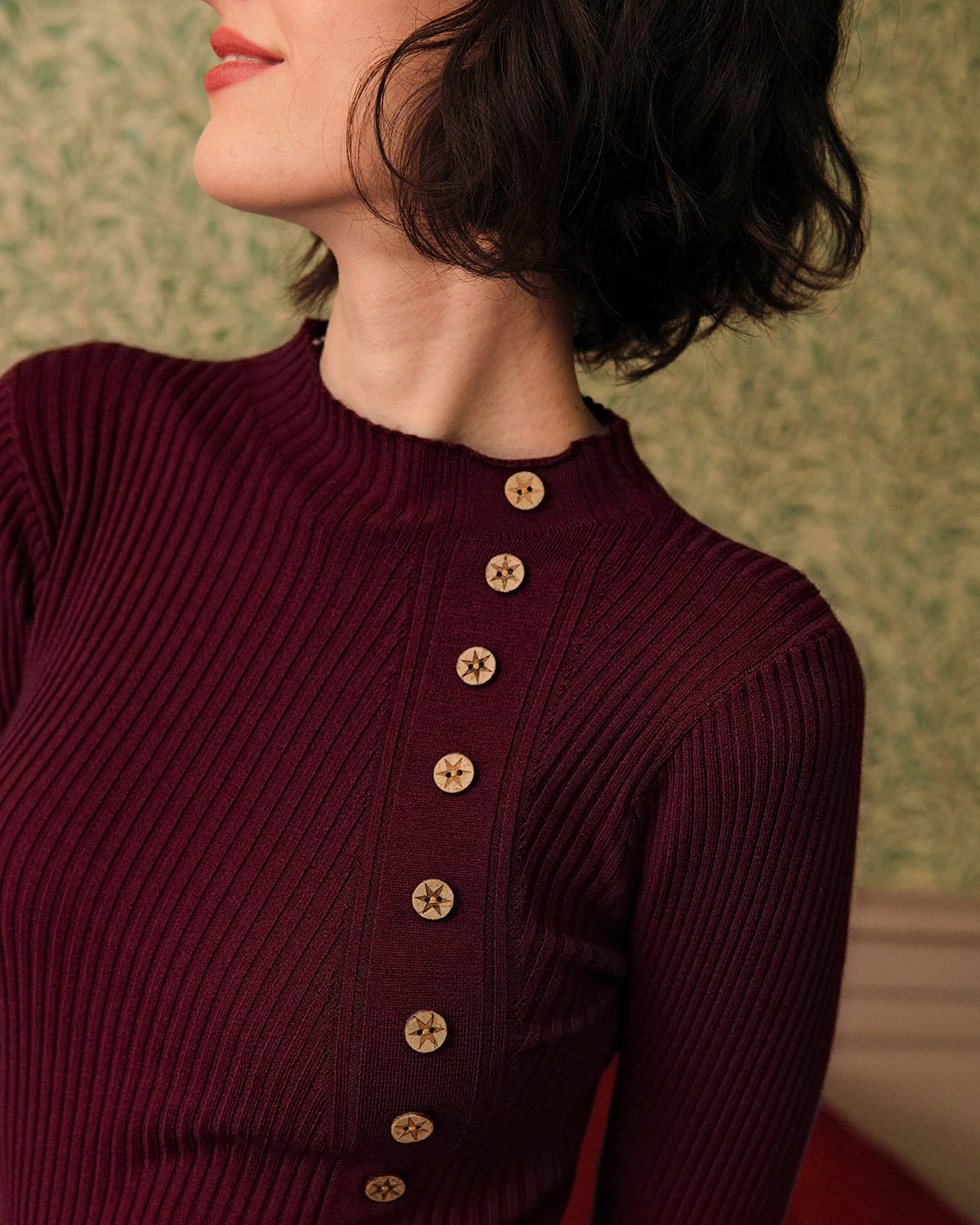 Wine Red Mock Neck Ribbed Knit Tee - Image 2