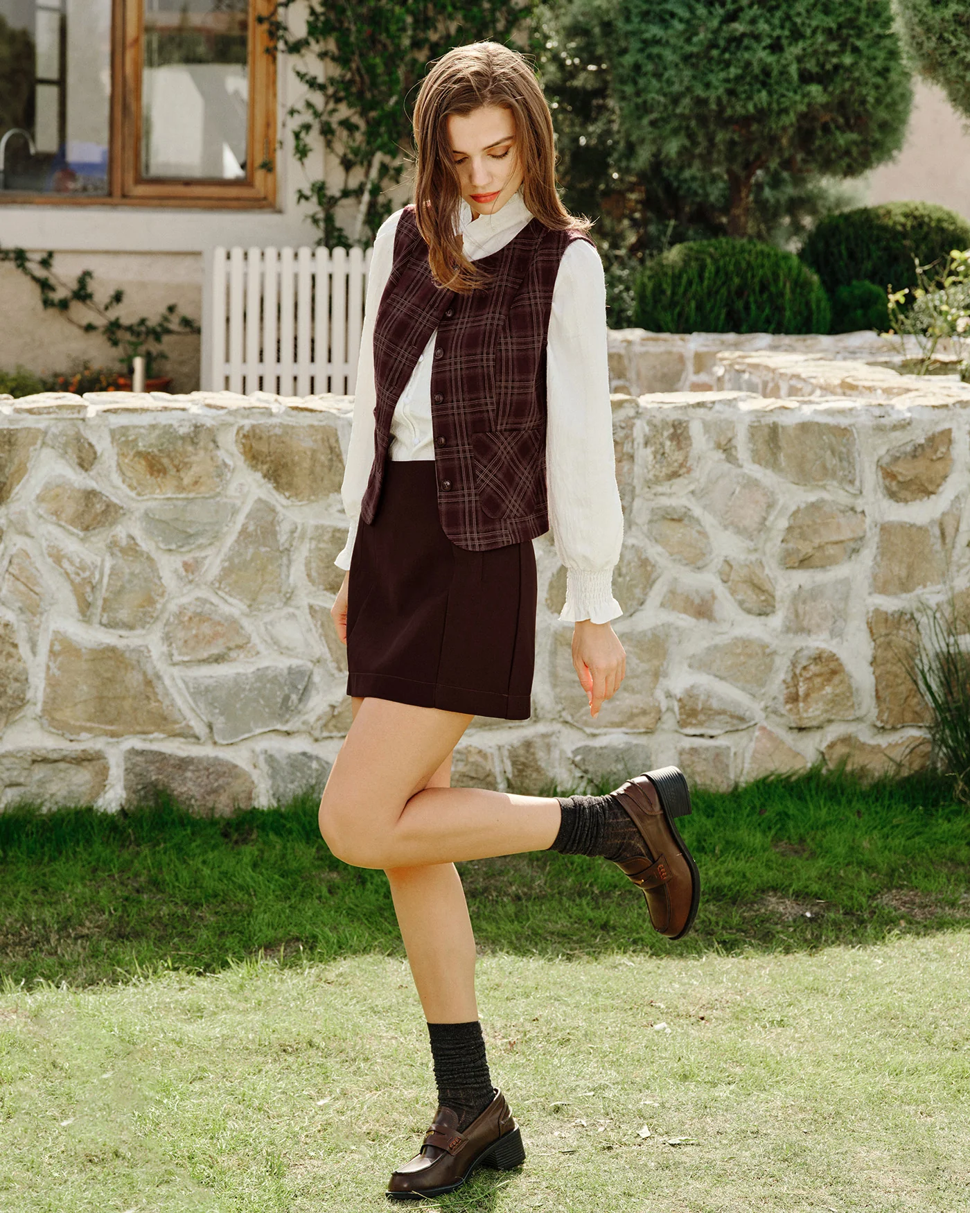 Wine Red Plaid Single Breasted Vest - Image 5