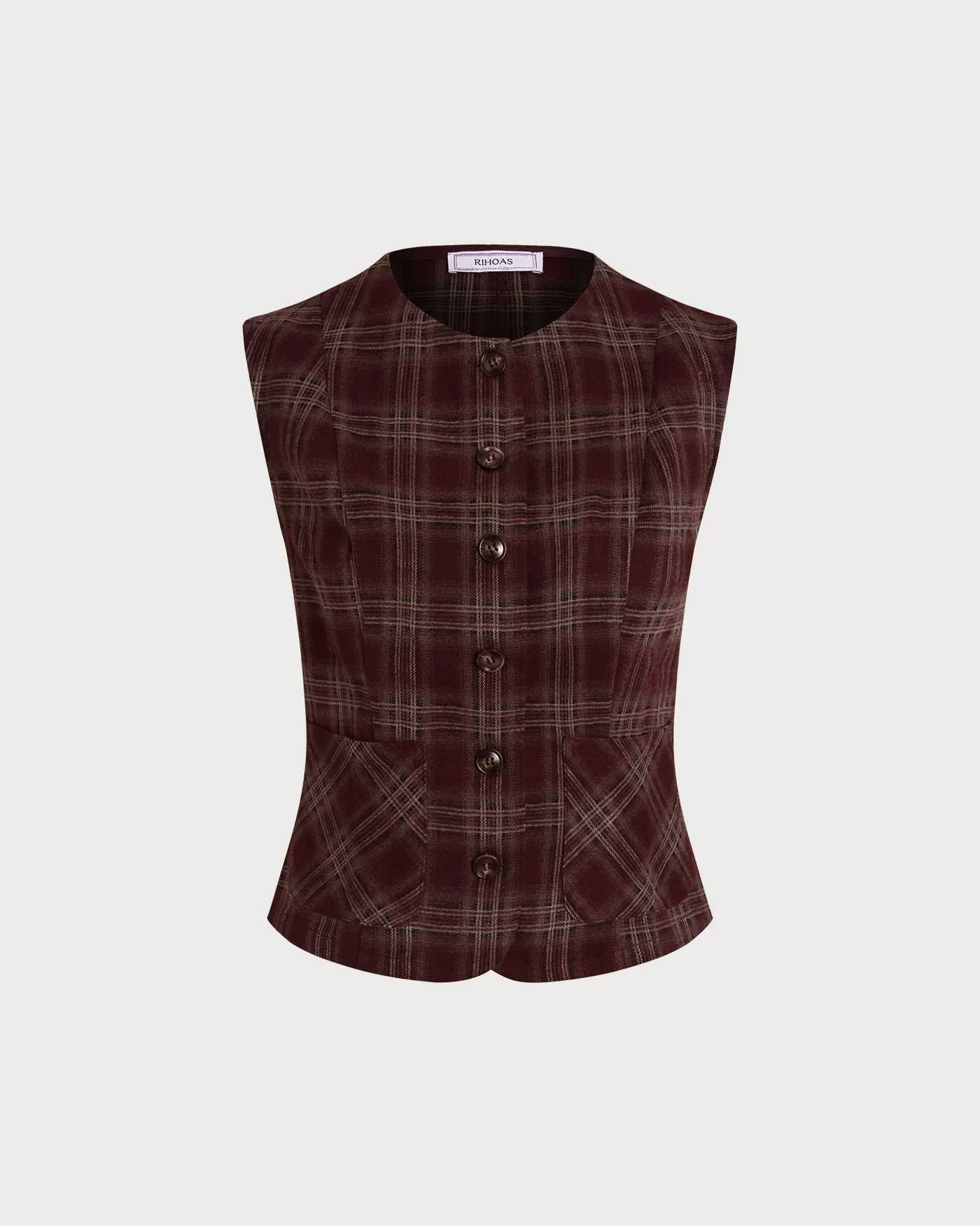 Wine Red Plaid Single Breasted Vest - Image 7
