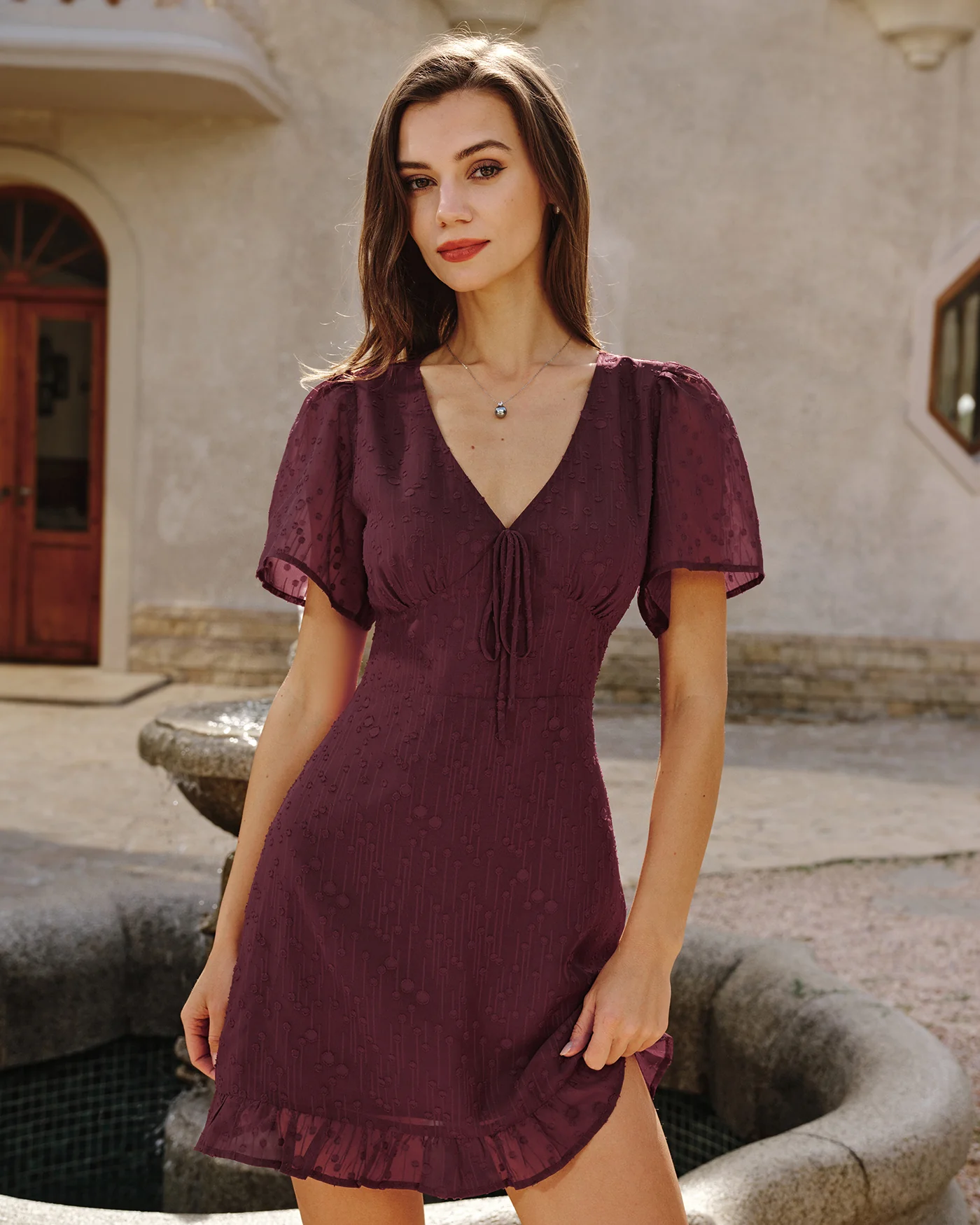 Wine Red Polka Dot Mini Dress - Image 2
