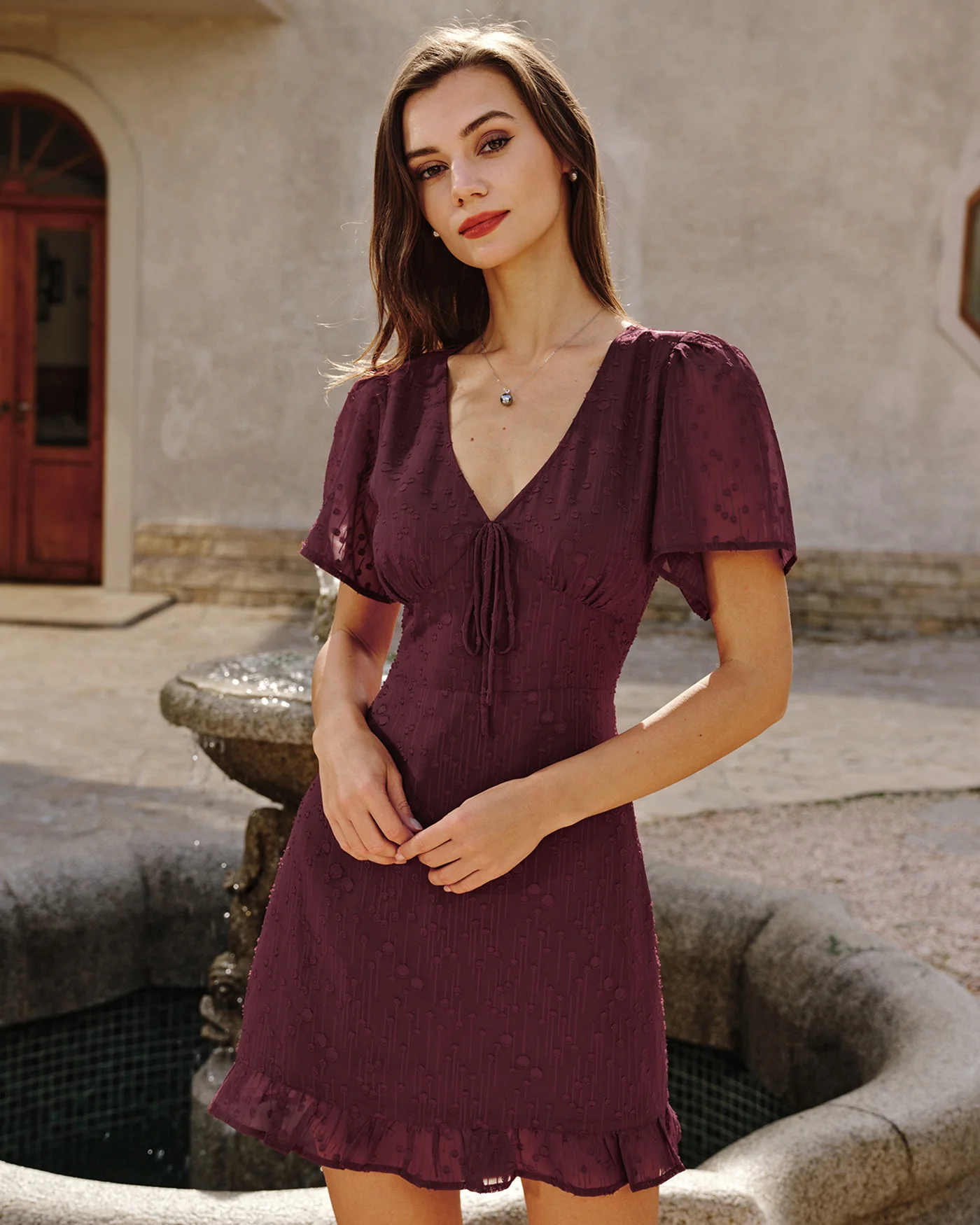 Wine Red Polka Dot Mini Dress - Image 3