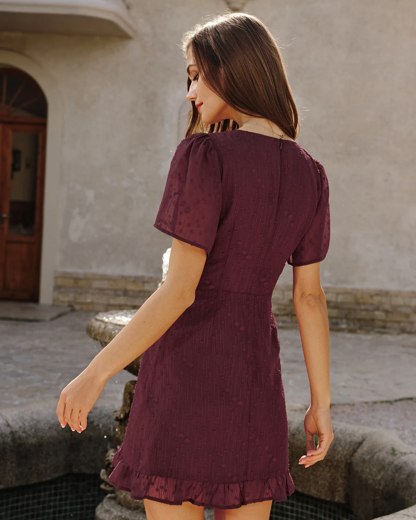 Wine Red Polka Dot Mini Dress - Image 4