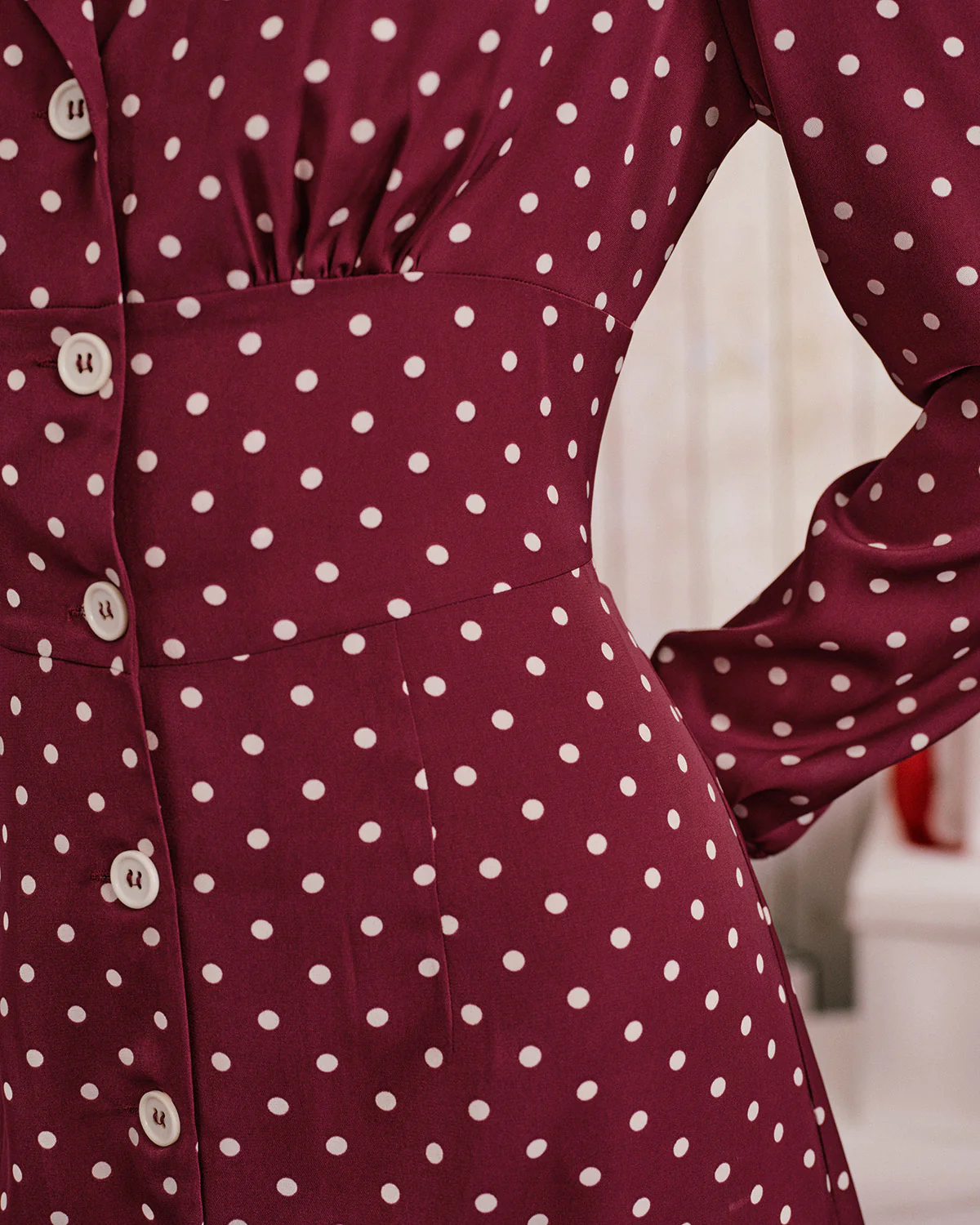 Wine Red Polka Dot Ruched Midi Dress - Image 2