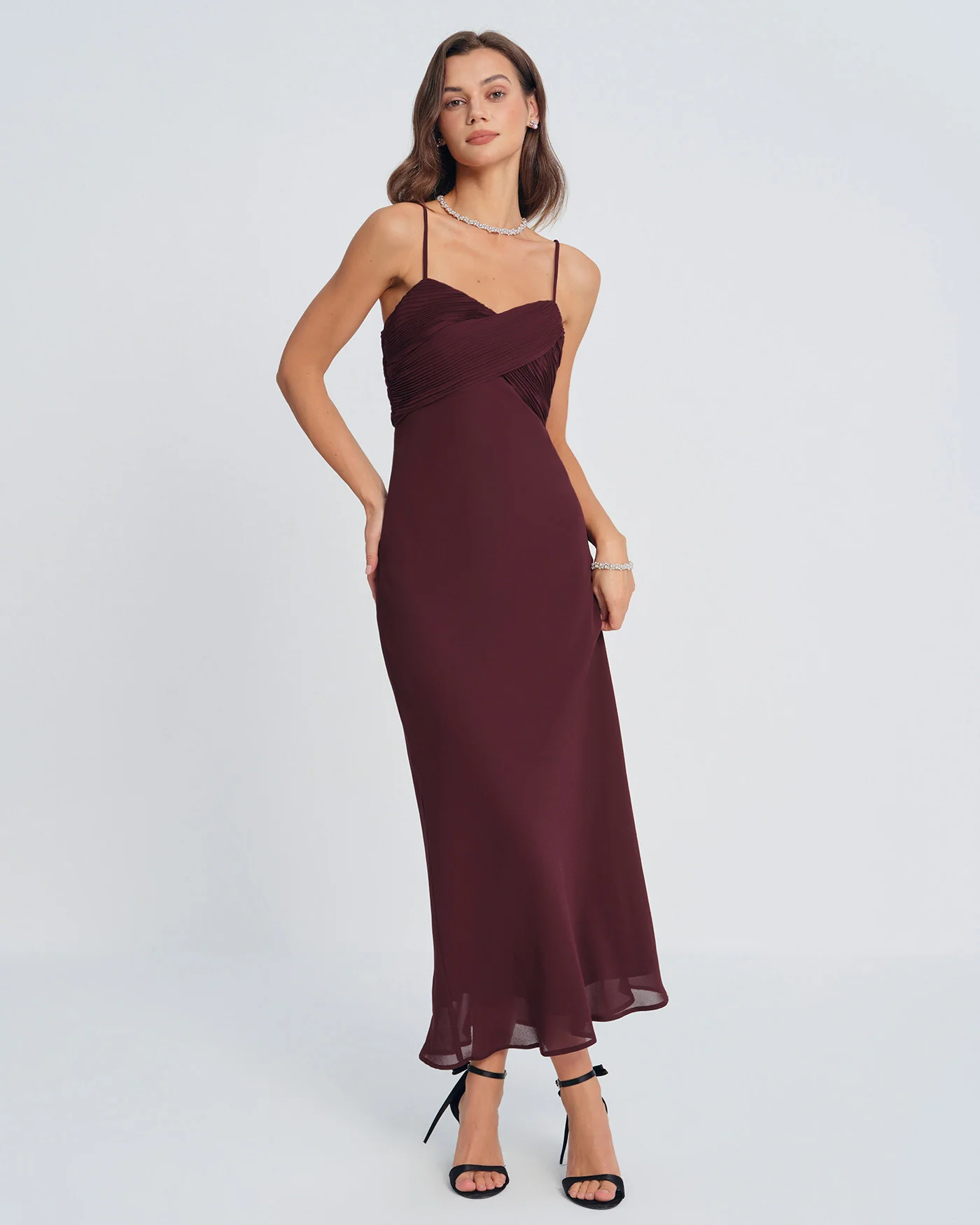 Wine Red Ruched Slip Maxi Dress - Image 2