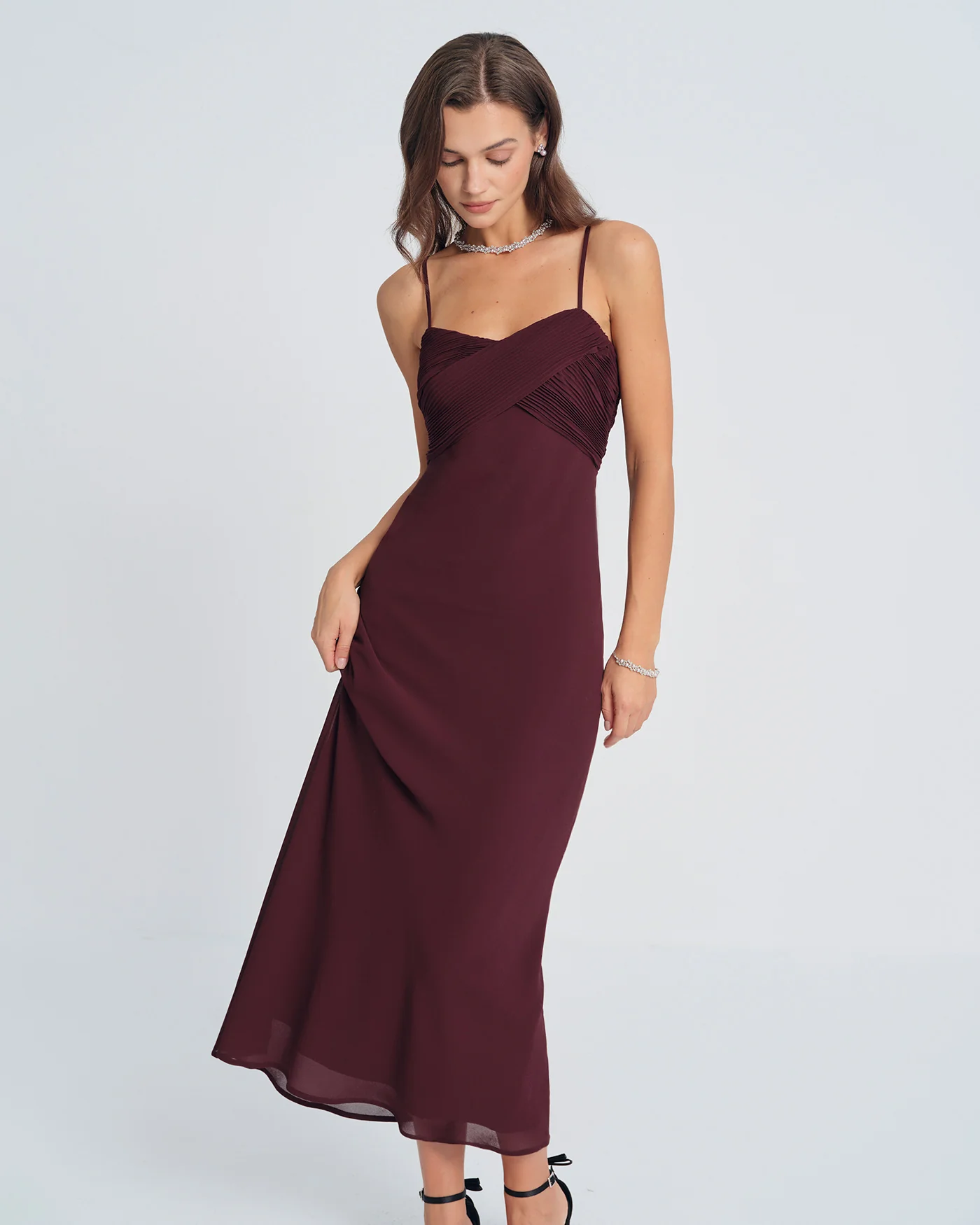 Wine Red Ruched Slip Maxi Dress - Image 5