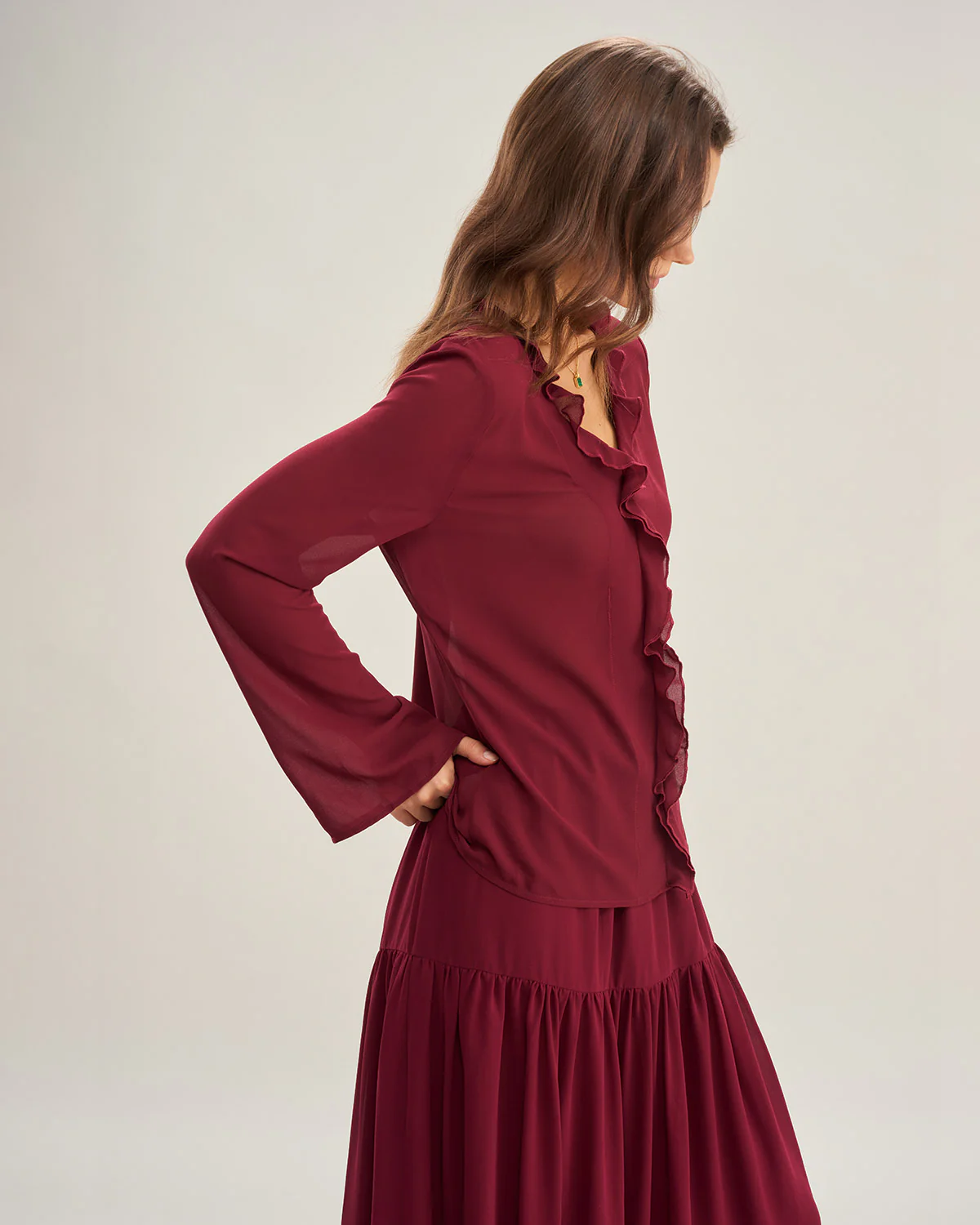 Wine Red Ruffle Chiffon Shirt - Image 2