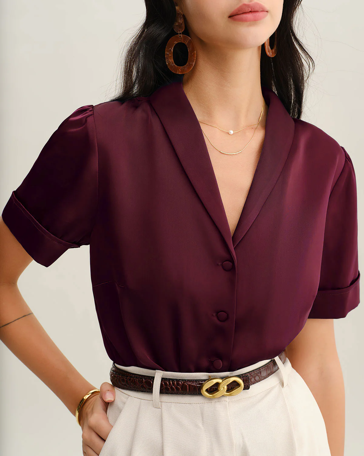 Wine Red Satin Blouse - Image 2