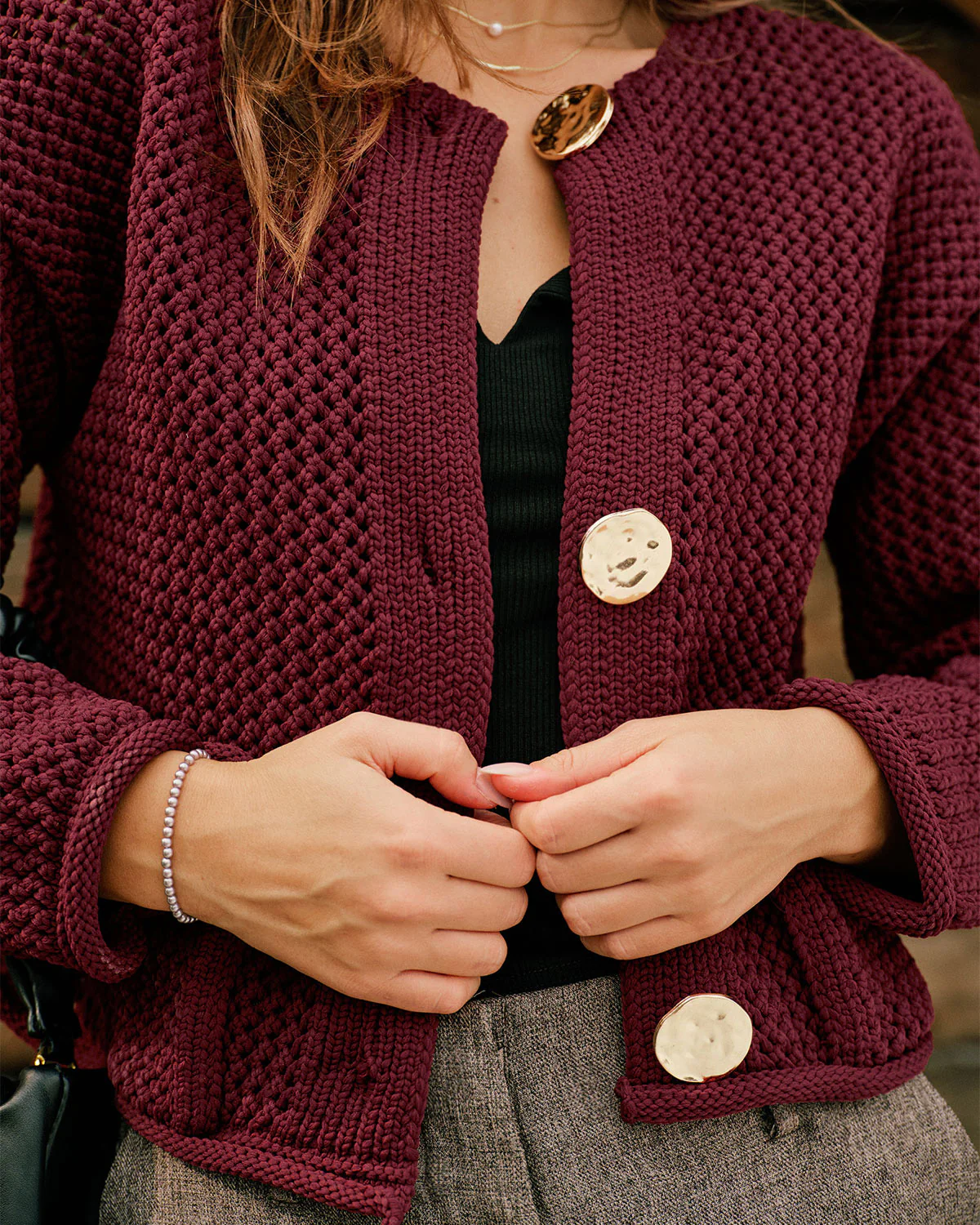 Wine Red Single Breasted Casual Knit Cardigan - Image 2