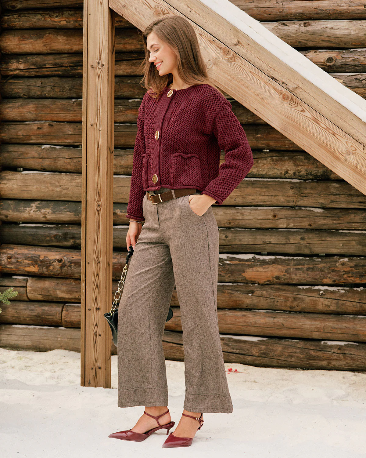 Wine Red Single Breasted Casual Knit Cardigan - Image 5