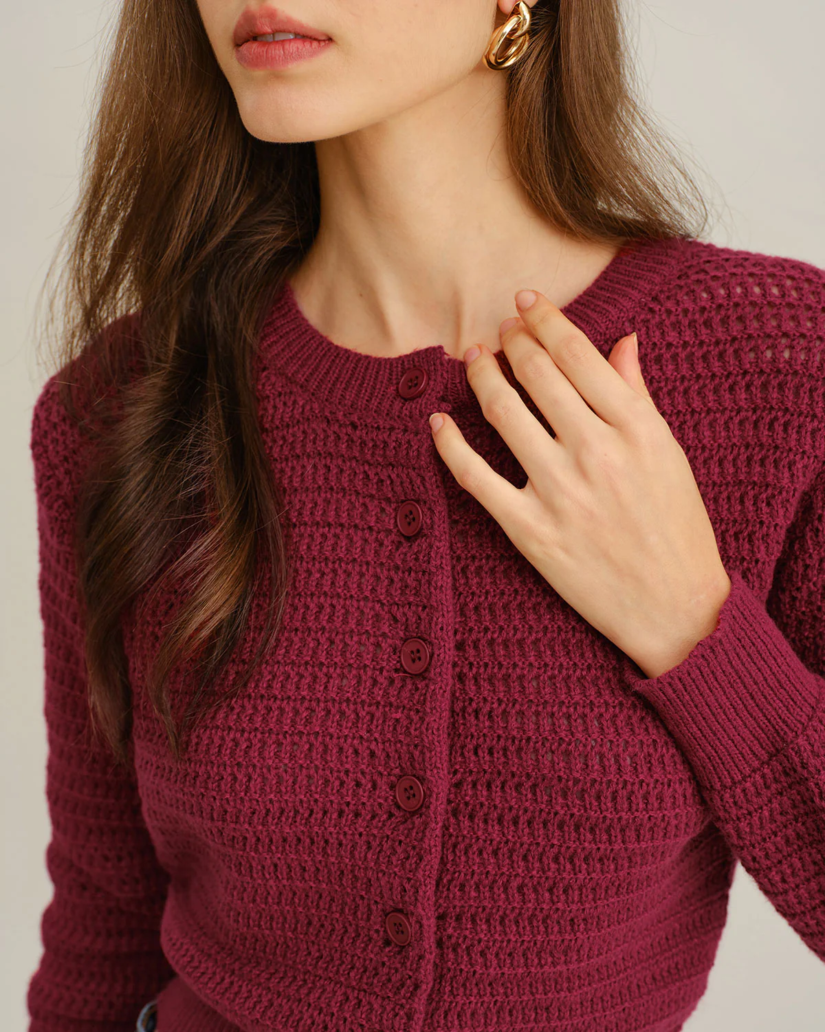 Wine Red Single Breasted Round Neck Knit Cardigan - Image 2