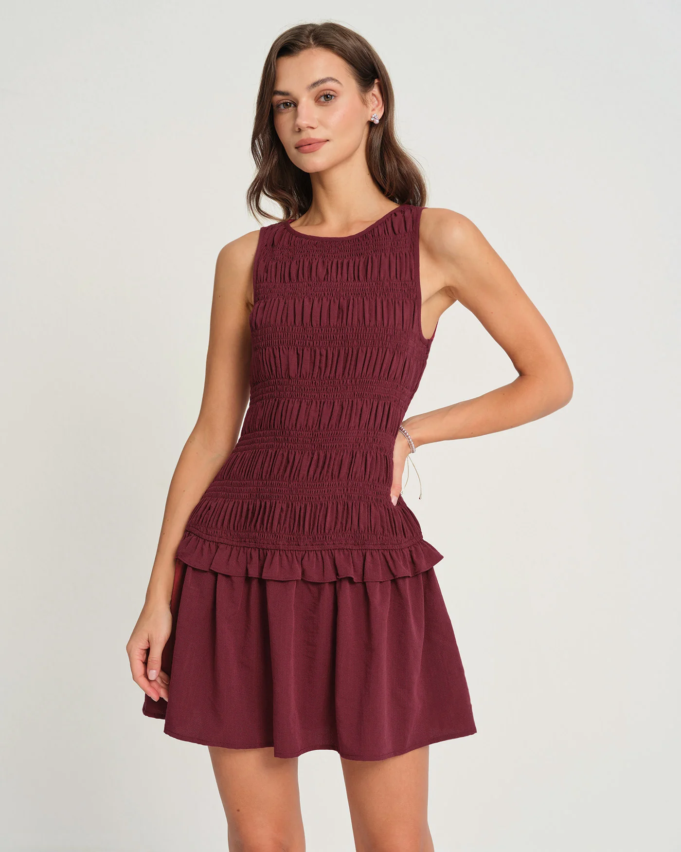 Wine Red Sleeveless Shirred Mini Dress