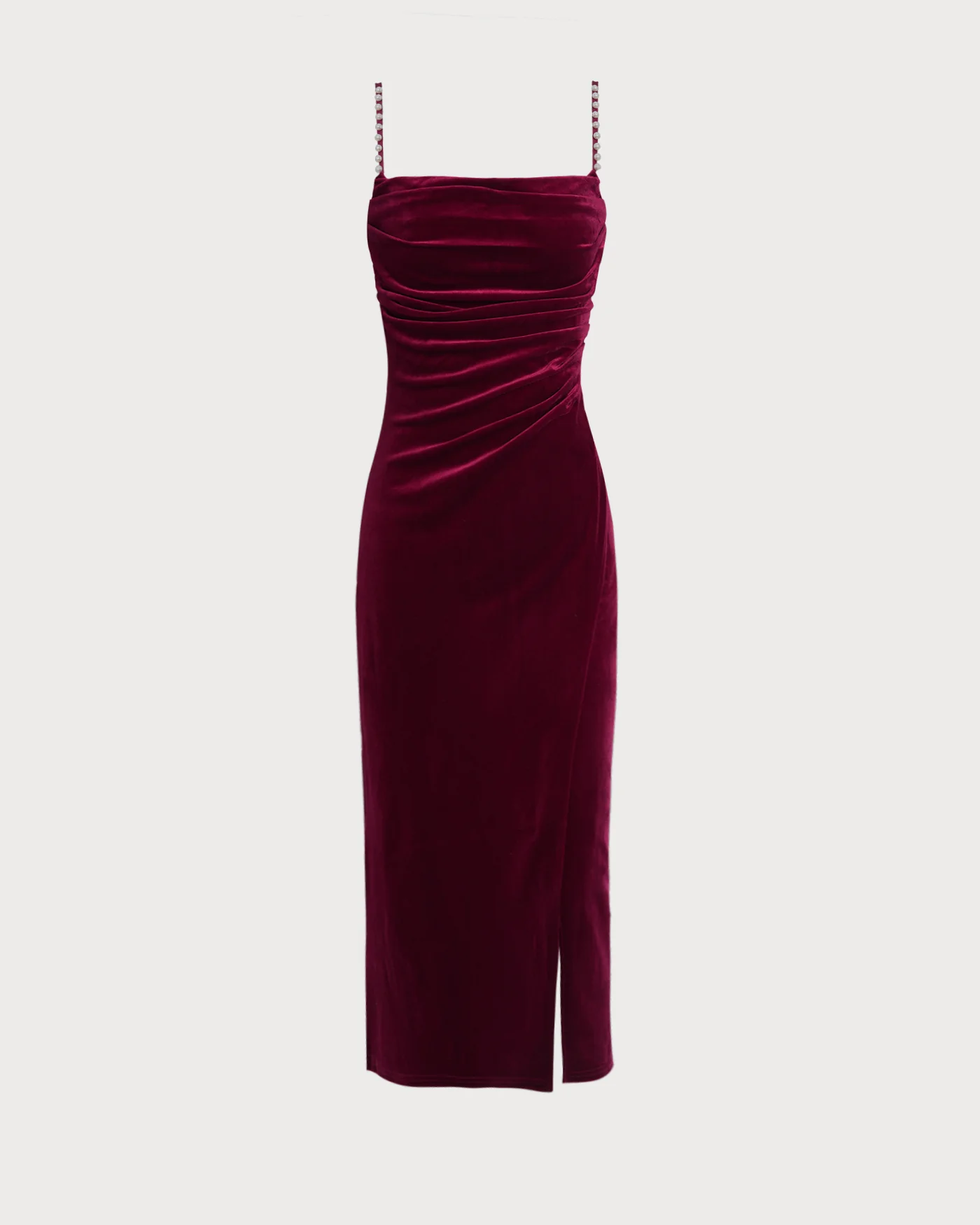 Wine Red Sleeveless Straps Velour Midi Dress