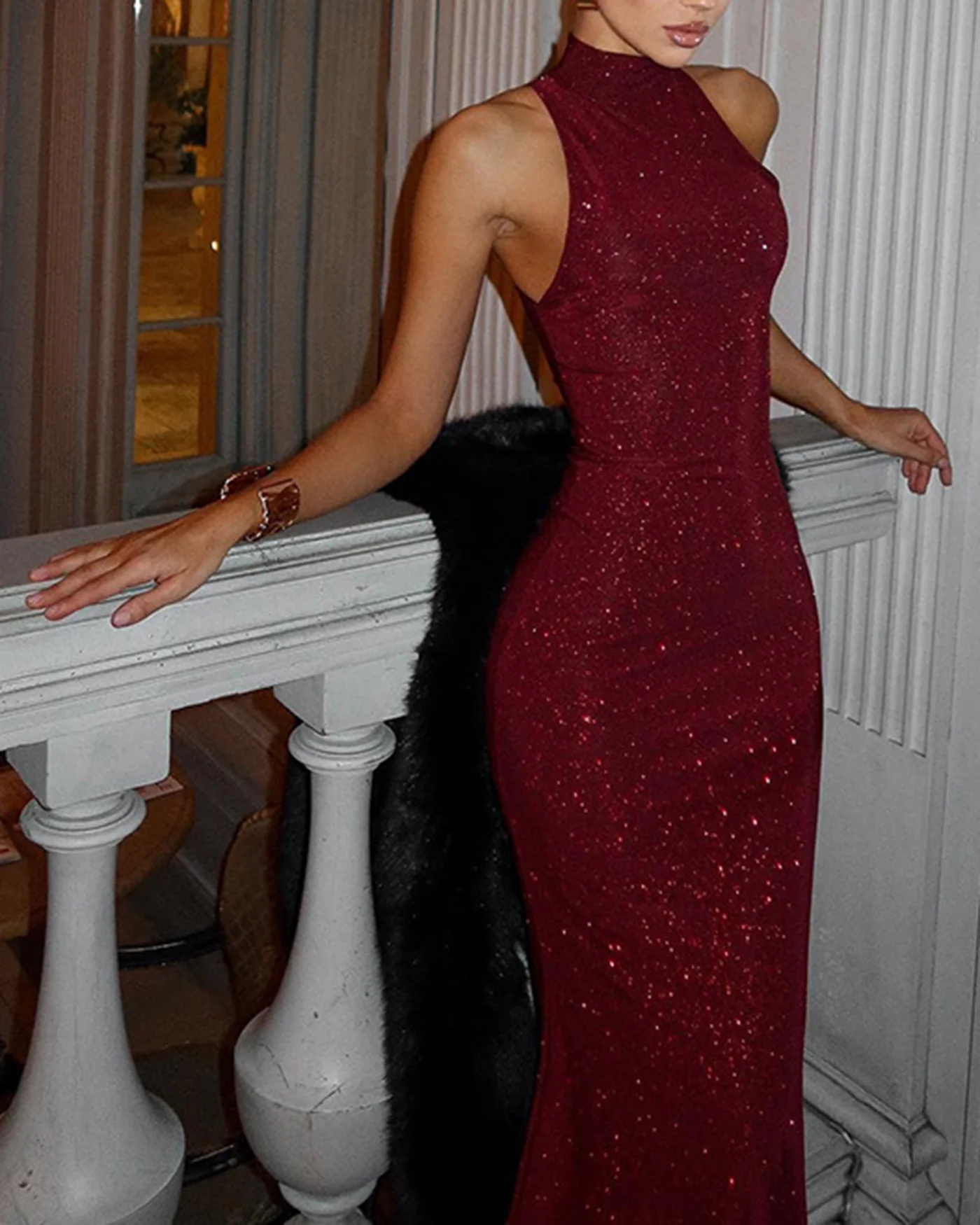 Wine Red Sleeveless Turtle Maxi Dress - Image 2
