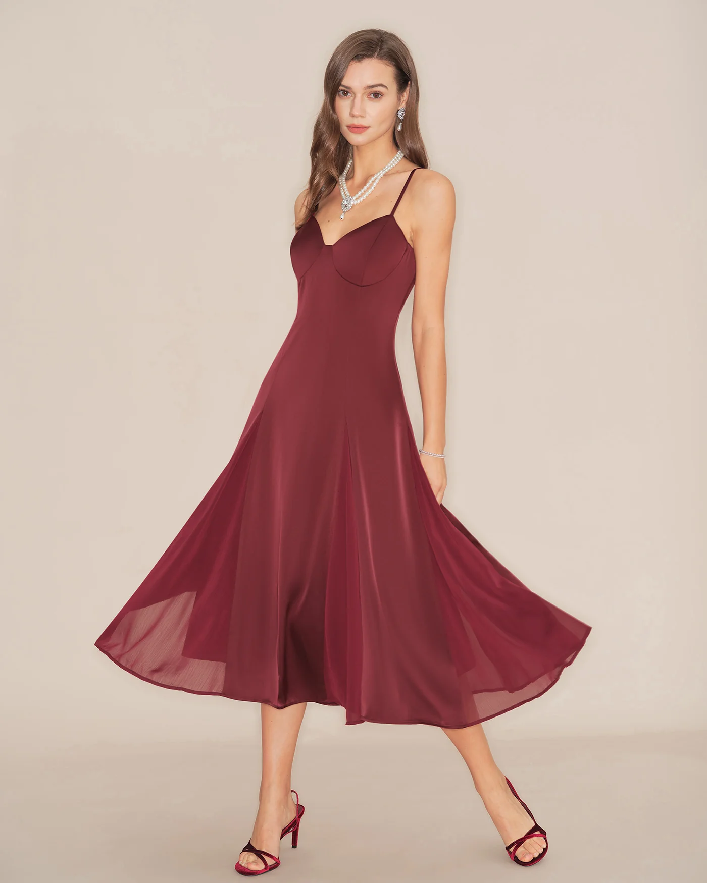 Wine Red Slip A-Line Midi Dress - Image 3