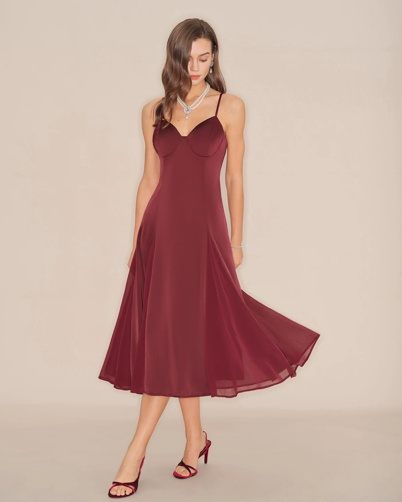 Wine Red Slip A-Line Midi Dress - Image 4