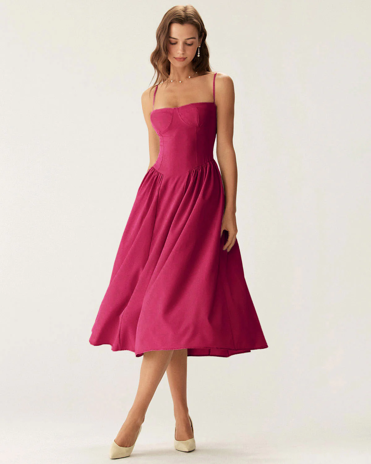 Wine Red Square Neck Pocket Slip Midi Dress
